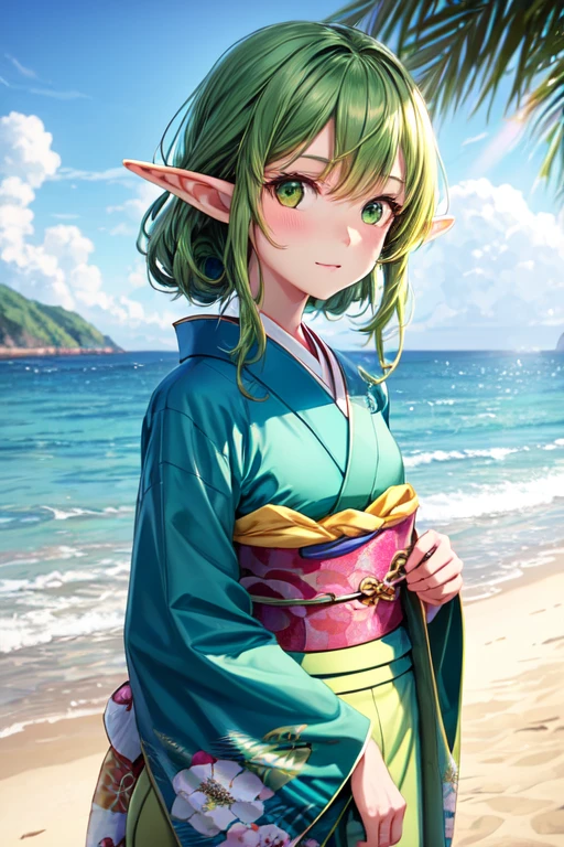 Elf, green hair, yellow-green eyes, cute, fleeting expression, brings good luck, kimono, sea, beach, daytime, sunlight reflecting, shining 