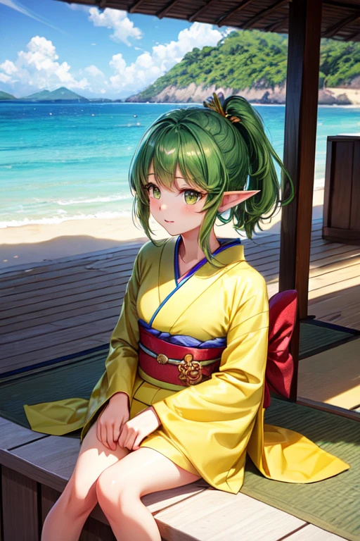 Elf, green hair, yellow-green eyes, cute, fleeting expression, brings good luck, kimono, sea, beach, daytime, sunlight reflecting, shining