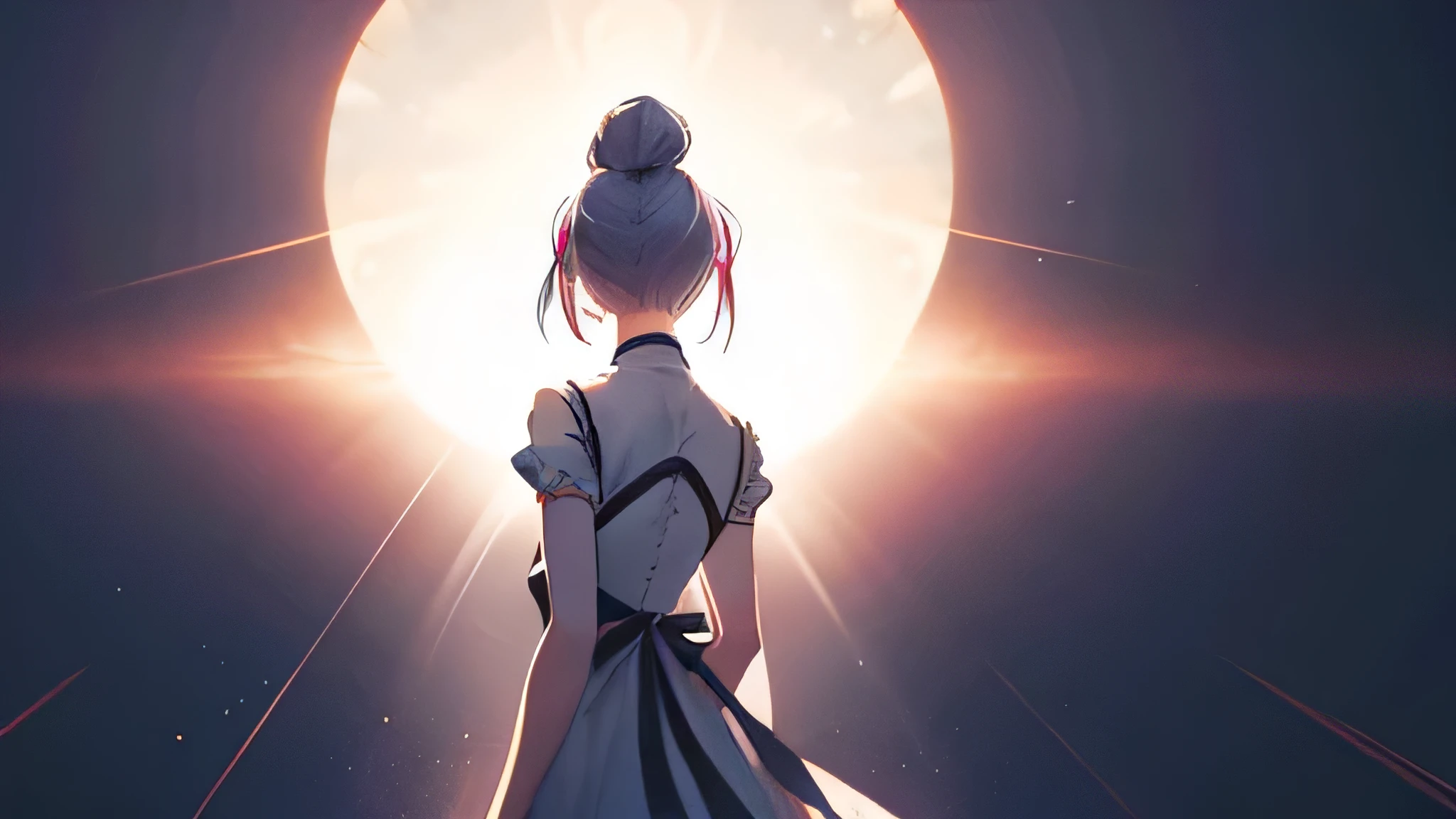 Pink silver hair, A very short shortcut, Hair Bun, (Backlit silhouette:1.2), (sun:1.2), Opera Stage, Panoramic Photos, White Background, (masterpiece), (highest quality, 8k, High resolution), Super detailed