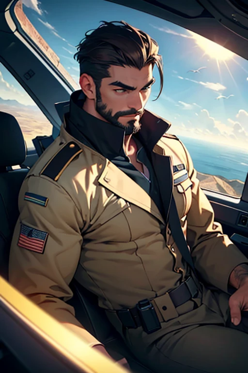 Observing the Breathtaking Earthscape:
A matured male, sporting a well-groomed beard and thick eyebrows, gazes intently out of a spacecraft window. His stubble-clad jawline is accentuated by the soft, warm light within the spacecraft. His eyes, intricately detailed and ultra-realistic, are focused on the Earth below. The rich landscape is visible from his vantage point, with an emphasized close-up on the continents and oceans.

Clad in a military uniform, the man's body is detailed and toned, revealing his thick pecs and broad shoulders. His uniform's open collar allows for a glimpse of his