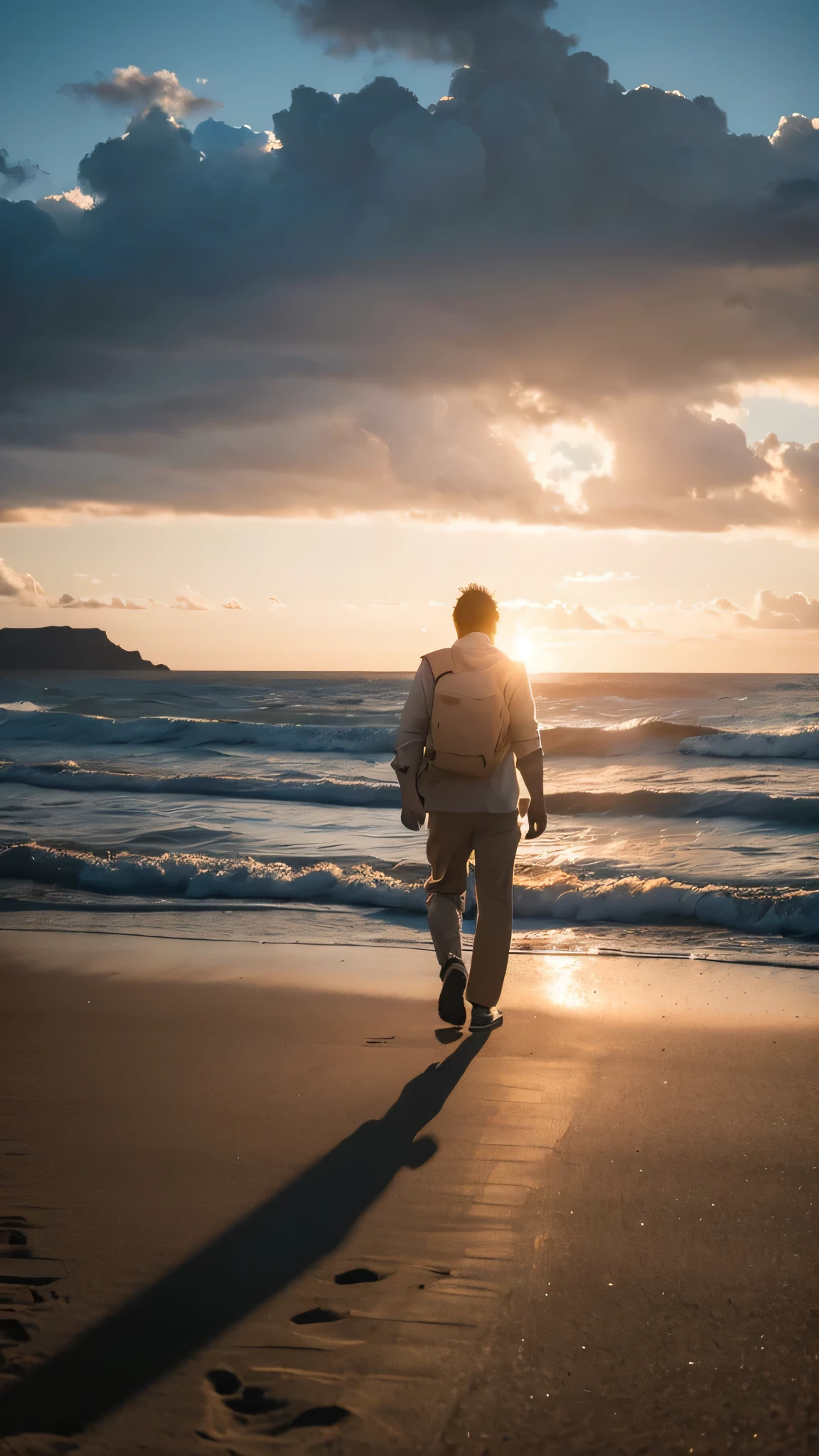 A man walks confidently towards the horizon, Empty the miles, Emitting warm light. Vast landscape, Symbolizes endless possibilities and future journeys