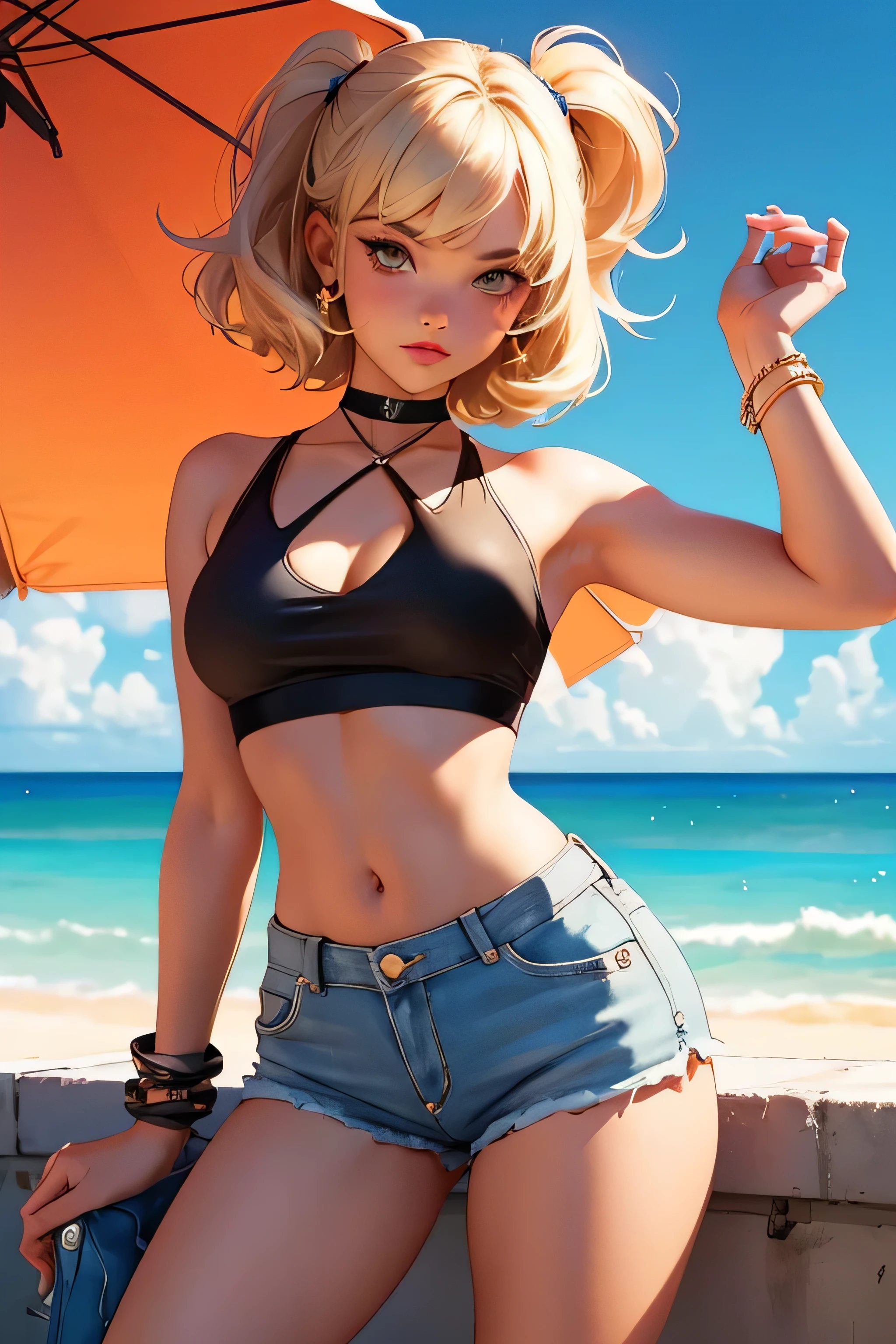 age girl-model 18 years old, beautiful, blonde, bob hair, bangs, brown eyes, beautiful figure, girl wearing crop shirt and too short mini shorts, beautiful long legs, slave bracelets, slave choker, manicure, cute makeup, flirtatiously posing, hot summer, hot flirty, sexy posing, summer outfit, top quality, higest quality, pin-up style, retro 80s style, Daisy Dukes style, slave girl, Miami vibes,