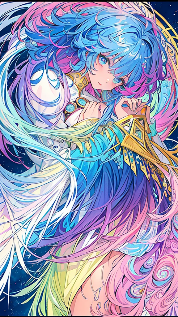 (masterpiece、top-quality、top-quality、watercolor paiting(afro)、brown skin, Official Art、Beautifully Aesthetic:1.2)、(1girl in:1.3)、(Fractal art:1.3)、The upper part of the body、from side、looking at the viewers、patterns、(blue-colored hair、colourful hair、Half blue and half pink hair:1.2)、Eau、liquids、clouds、colourfull、starrysky、stele、Splashes of bright colors、Rough kanji、