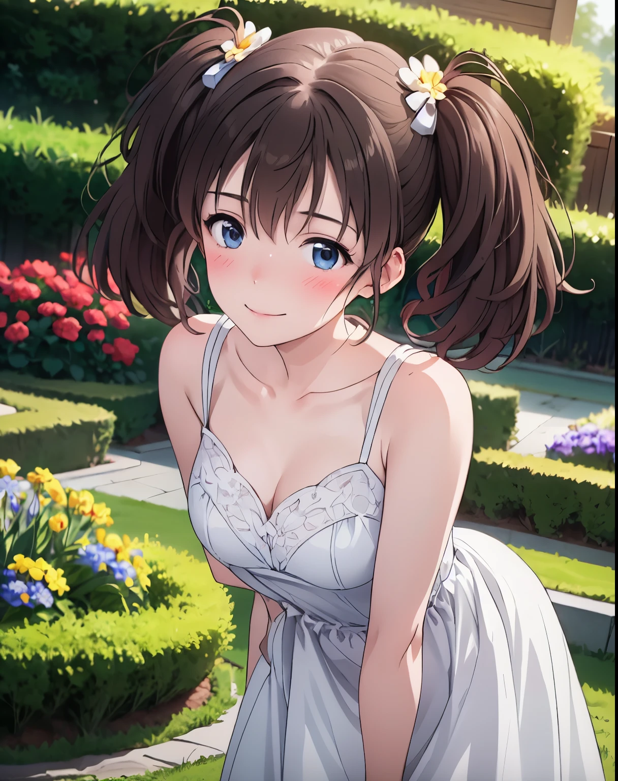 High resolution, highest quality、,garden、Tomochika、smile、whole body、Beautiful thighs、ribbon, 1 girl, alone, Medium Hair、Twin tails、 Brown Hair,beautiful flower々満開のgarden、smile、Closed Mouth、Arms behind back,clavicle,White Party Dresses、Absolute reference to center、whole body, alone,Cinematic lighting、Cowboy Shot、Highly detailed face, Perfect lighting, Highly detailed CG,Leaning forward