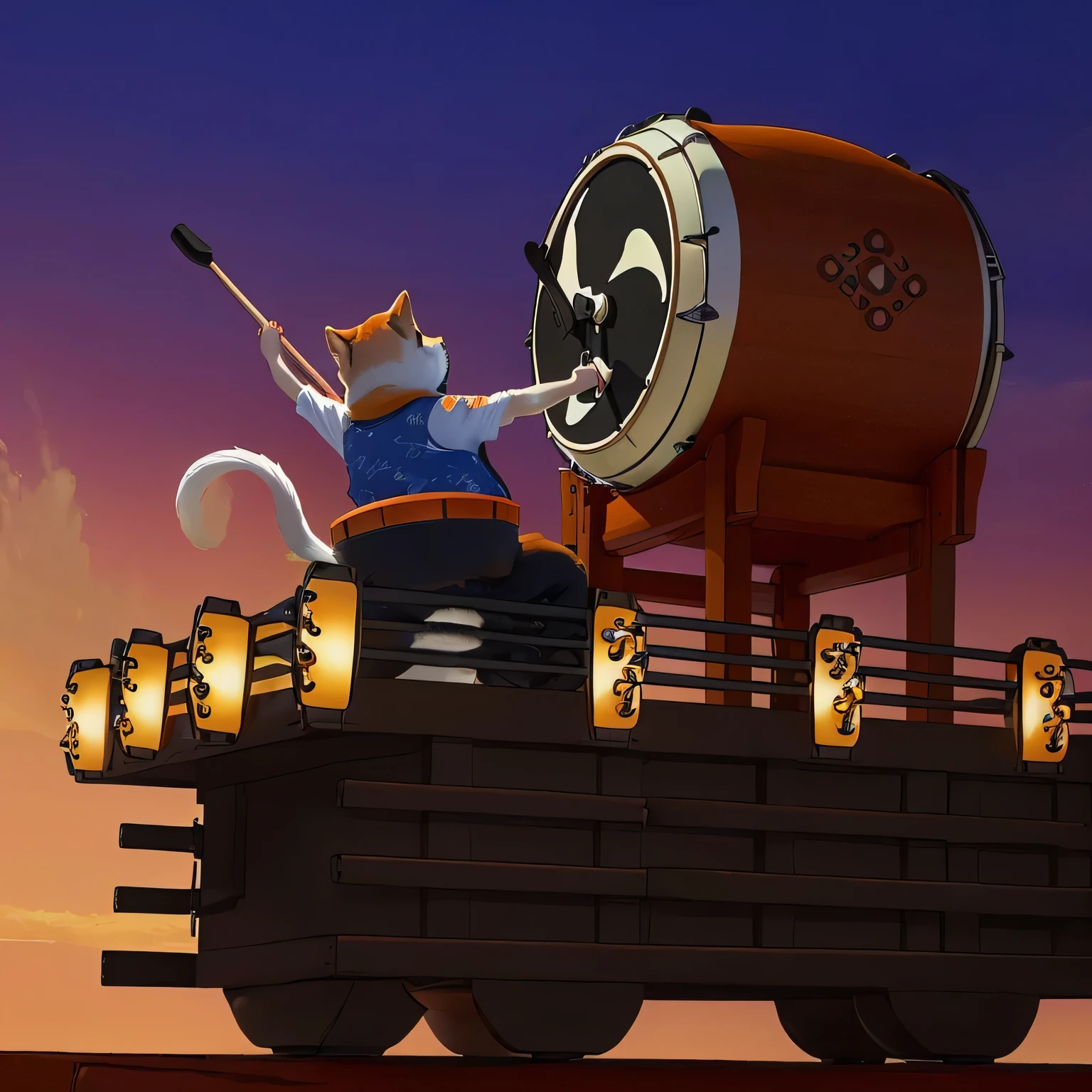 A Shiba Inu playing drums,