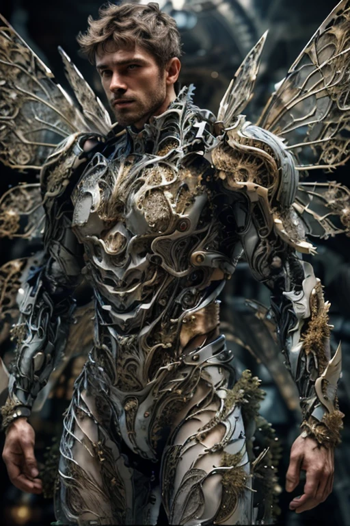 realistic, masterpiece, intricate details, detailed background, depth of field, photo of a handsome (european man), fr4ctal4rmor, wearing fractal exosuit, (dynamic pose), ((fighting stance)), wings, fantasy background, cinematic composition, sharp focus, side view, close up,
