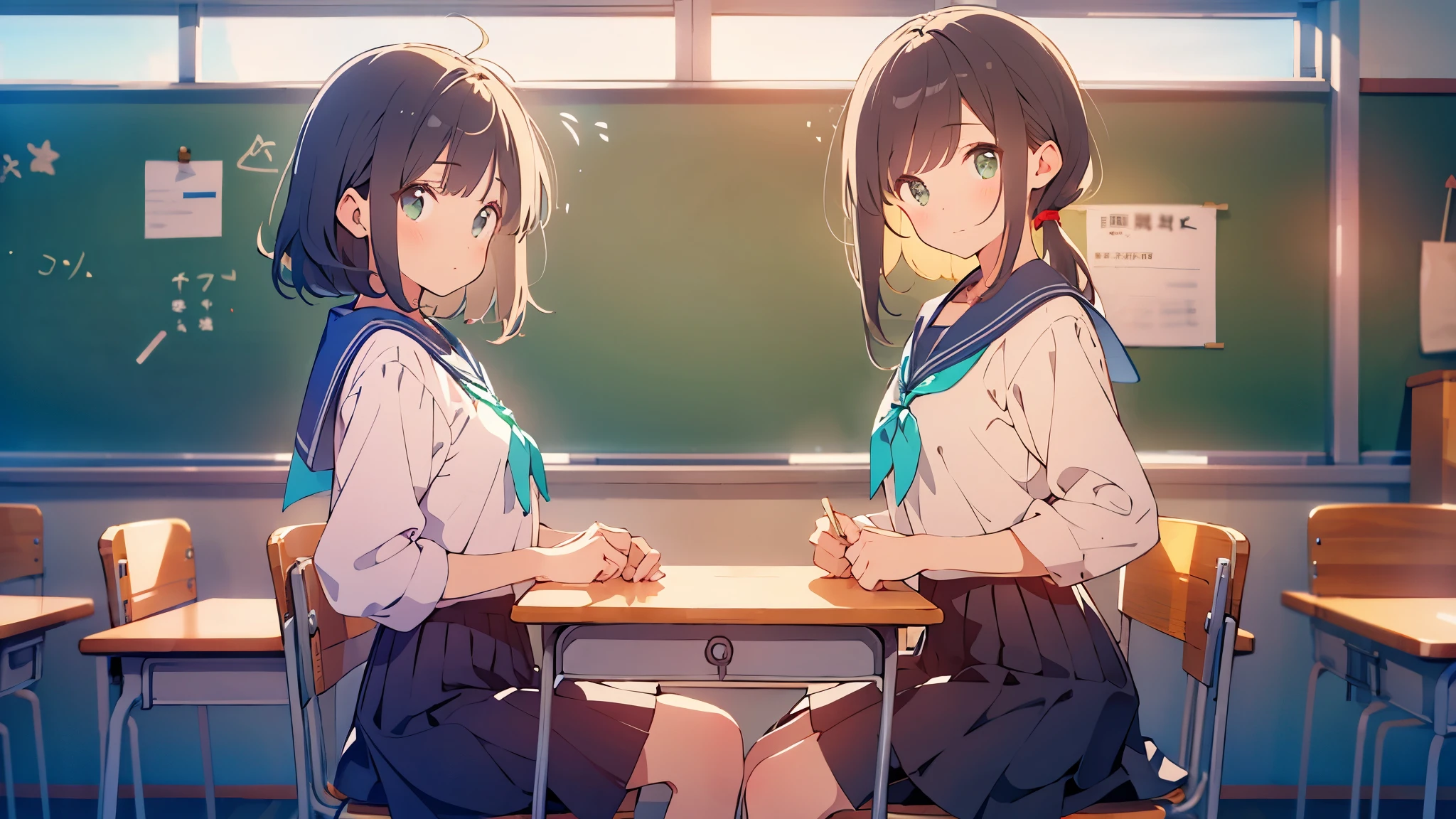 {masterpiece, best quality:1.2},(((color trace))),looking at viewer,{1girl,solo},{School Background,depth on field},{(Black hair),short hair , pigtail},{((short stature)),((small breasts))},{green eyes,open eyes},{Japanese ,Light blue scarf,White Sailor Suit、Navy Blue Skirt},sitting on school chair,classroom,blackboard,Neatly arranged desks and chairs,evening,