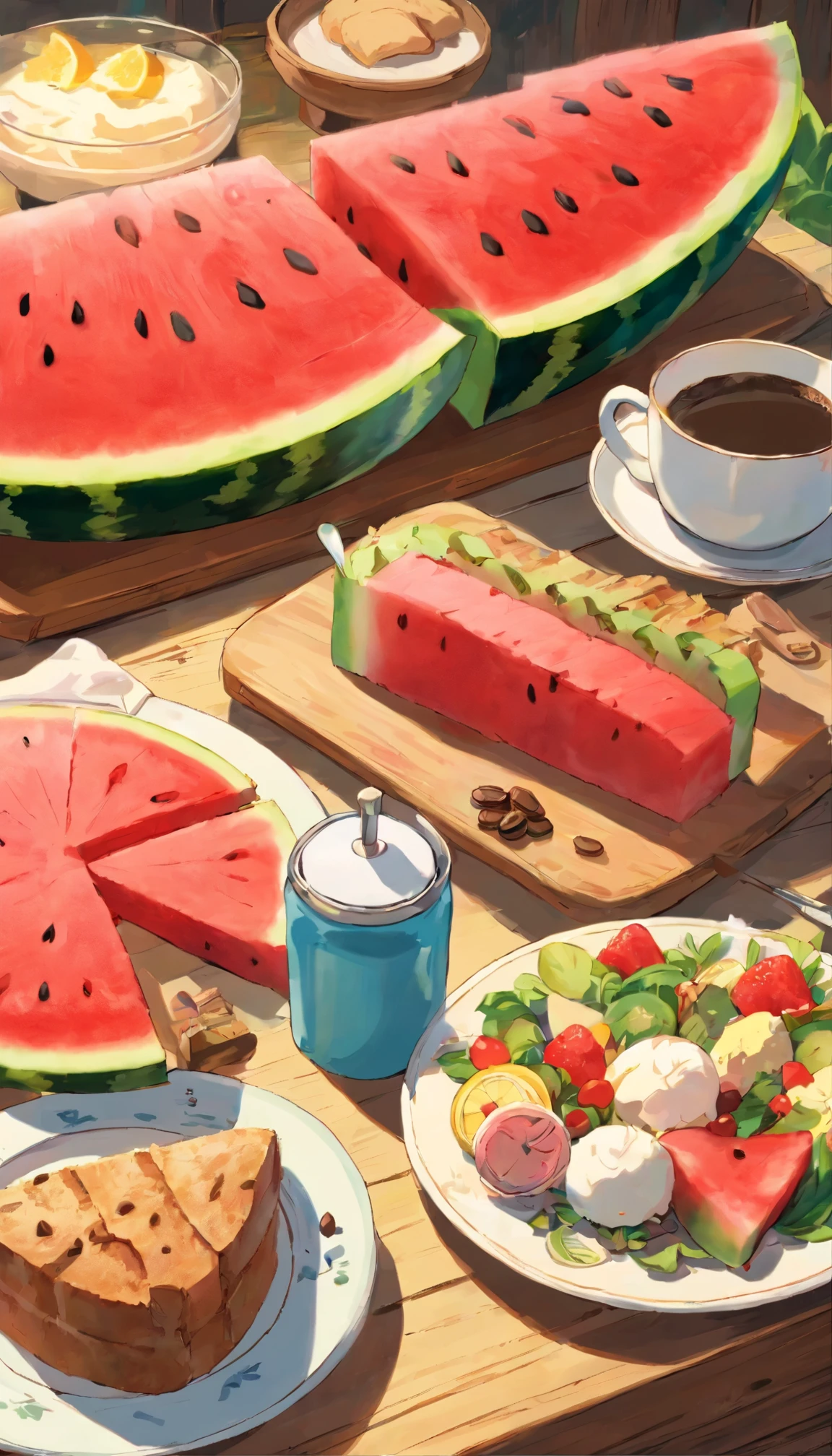 unmanned，coffee,bread,cake, dessert,salad，watermelon
