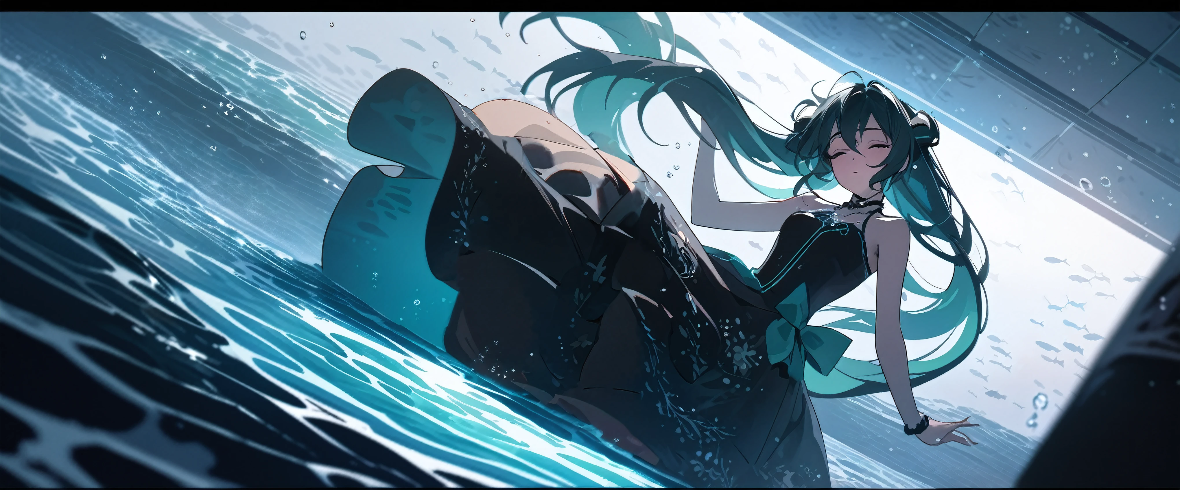 (Dramatic angle, Dynamic angle, wide angle), (best quality,4k,8k,highres,masterpiece:1.2), (Hatsune Miku:1.2), (solo:1.2), (young ), (alone), (small breasts), eyes closed, original photo, Atmospheric distance perception, Aesthetic, complex, won, cybernetic enhancement, chiaroscuro, best quality, Detailed background, (underwater atmosphere:1.2), (silk black Fishtail dress, detailed dress, floating dress, best wrinkle, best shadow, best light:1.2), (deep sea girl:1.2), sinking deep, swirling around, dark waters, cold and unforgiving, eyes closed, lost in the depths, hair splayed, floating like seaweed, corals silent, fish swimming by, unaware, pearls around her neck, glinting faintly, a serene face, a tranquil pose, a tragic beauty, a haunting scene, a story of the sea, a digital lament, a poignant moment, a final dance, a farewell to the world, a haunting melody, a memory that lingers