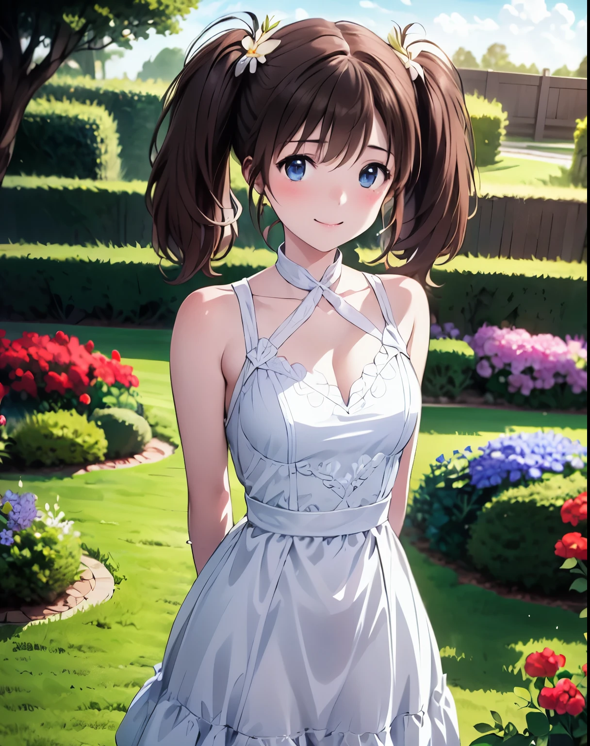 High resolution, highest quality、,garden、Tomochika、smile、whole body、Beautiful thighs, 1 girl, Medium Hair、Twin tails、 Brown Hair,beautiful flower々満開のgarden、smile、Closed Mouth、Arms behind back,clavicle,White Party Dresses,Cinematic lighting、Cowboy Shot、Highly detailed face, Perfect lighting, Highly detailed CG,