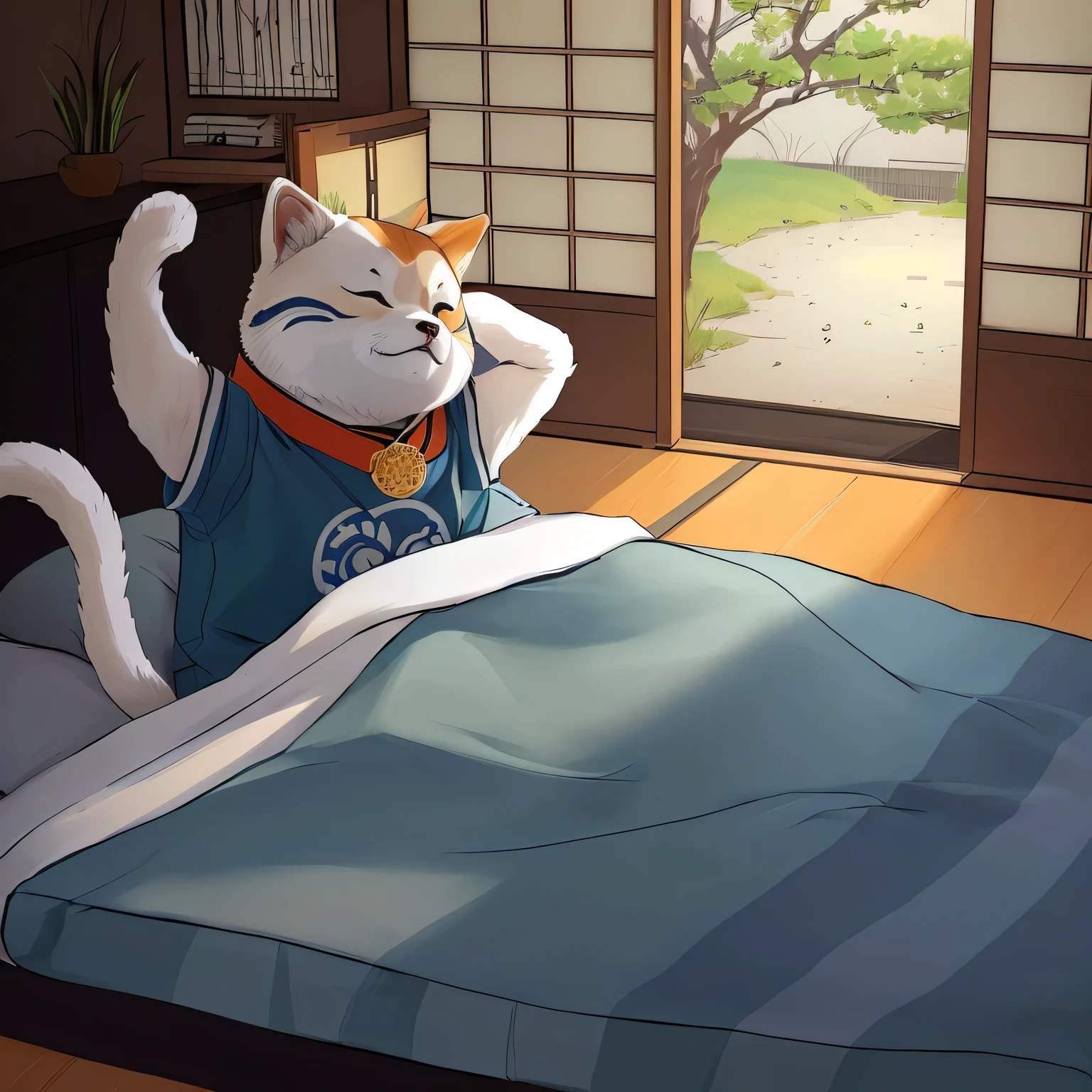 There is a Shiba Inu lying on the bed,There is a pillow next to it, Anime Shiba Inu, Wake up, warrior!, stand up, Cute Shiba Inu animation visual, Inspired by Gatōken Shunshi, Anthropomorphic Shiba Inu, Japanese anime style, Nekomimi, Inspired by Hiroyuki Isoda, Inspired by Matsumoto Daiyo