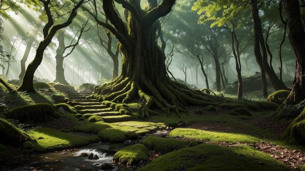 Fantasy forest reminiscent of《The Lord of the Rings》and《Dungeons》Scenes in & dragon. High, Ancient tree with lush branches and leaves，Create a mysterious atmosphere. Sunlight shines through the dense canopy, Casting mesmerizing light onto the forest floor. 青苔覆盖的岩石and蜿蜒的小路增添了冒险and奇妙的感觉.No stairs