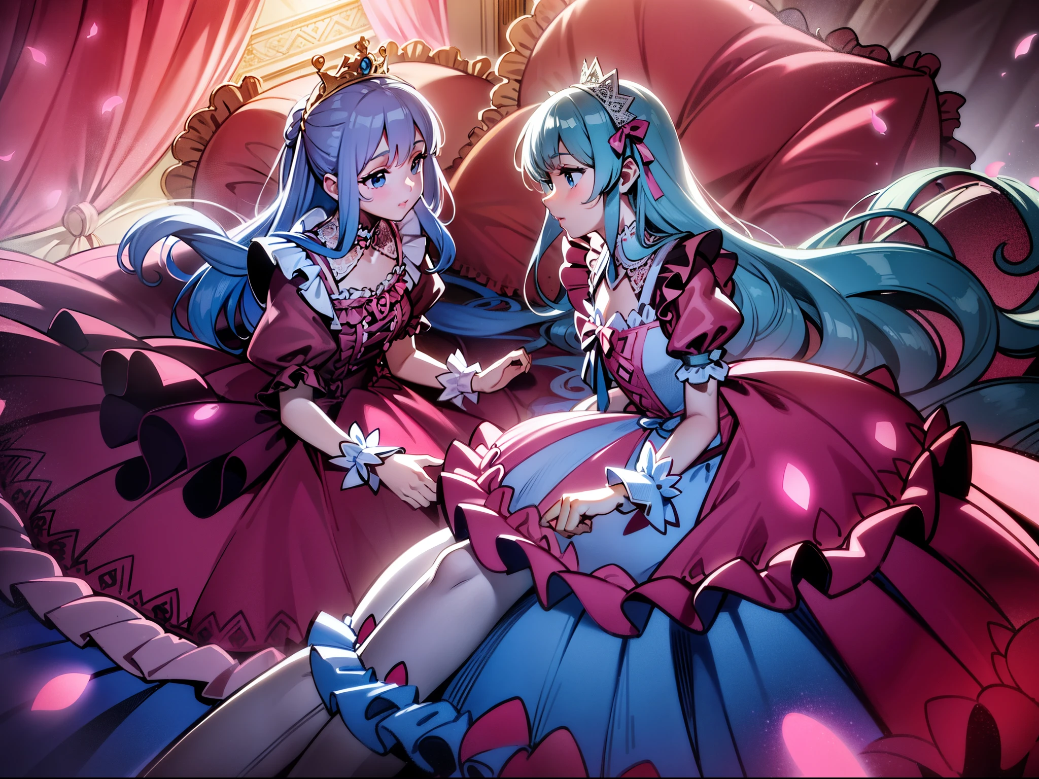A delicate 10 year old girl with super detailed baby face, beautiful blue eyes and white skin, wearing a luxurious hot pink princess satin dress with hoop skirt, ruffle yoke collar, detailed braided ribbon at chest, puff sleeves and lots of frills and ribbons, dancing happily inside a palace bedroom at night, with a gorgeous flowing dress, fine white frills and lace, super long flowing hair as tall as her body, laying on a huge, spacious bed with a luxurious canopy, pink pillows with lots of frills, and silk satin pink curtains with luxurious ruffles and ribbons surrounding the bed, leaning on a pile of pillows, both legs completely hidden inside the dress, (best quality,4k,8k,highres,masterpiece:1.2),ultra-detailed,(realistic,photorealistic,photo-realistic:1.37),HDR,UHD,studio lighting,ultra-fine painting,sharp focus,physically-based rendering,extreme detail description,professional,vivid colors,bokeh,portraits,fantasy,fairy tale,baroque,pastel,soft lighting