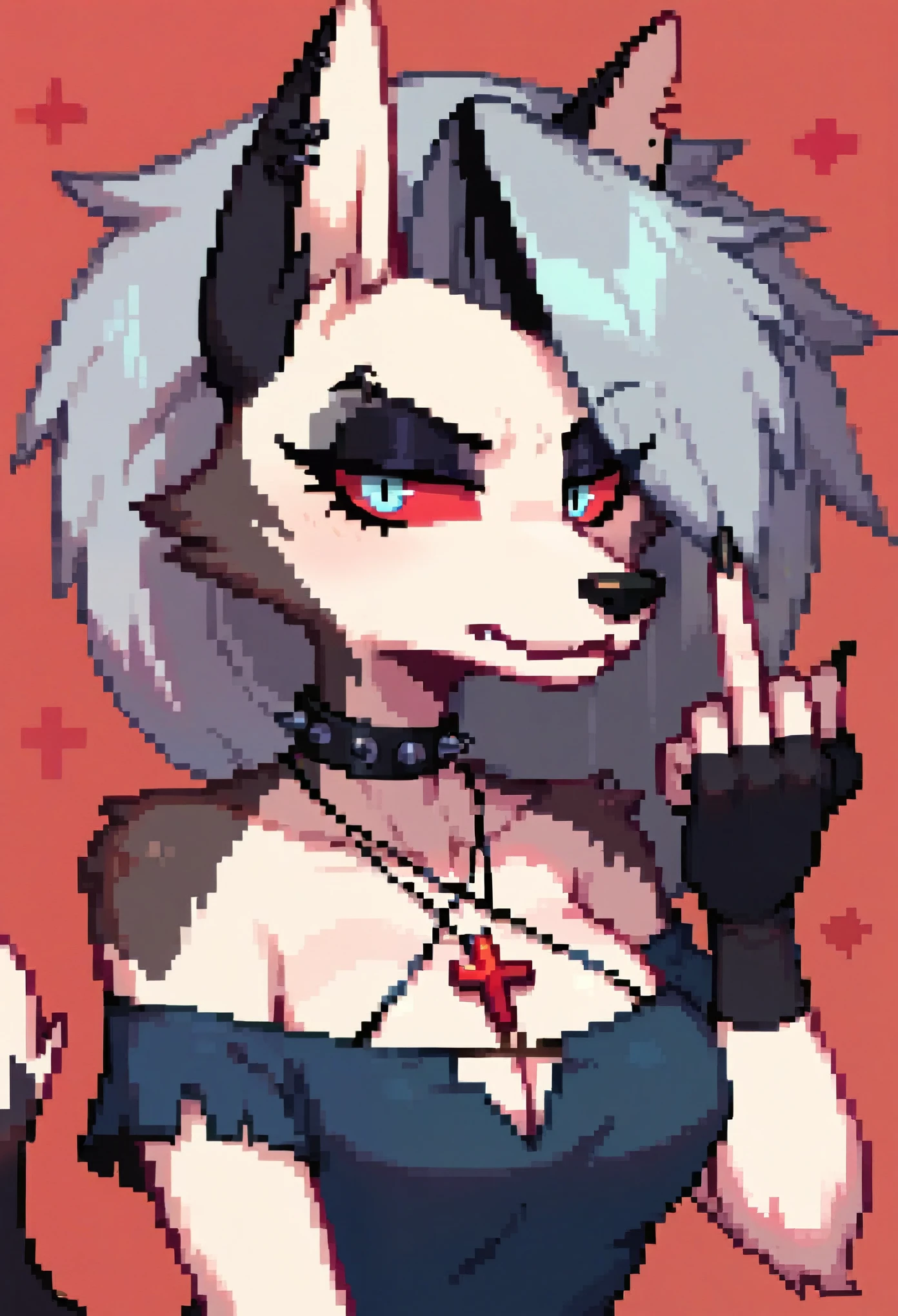 score_9, score_8_up, score_7_up, score_6_up, rating_safe, source_furry, BREAK source anime, content, by vivzmind, mammal, canid, canid demon, demon, anthro, female, solo, eyewear, jewelry, necklace, helluva boss, gesture,middle finger, hellhound, loona, choker, goth, cross, official art, inverted cross, instagram, upper body pixel,pixel art, 8 bits,