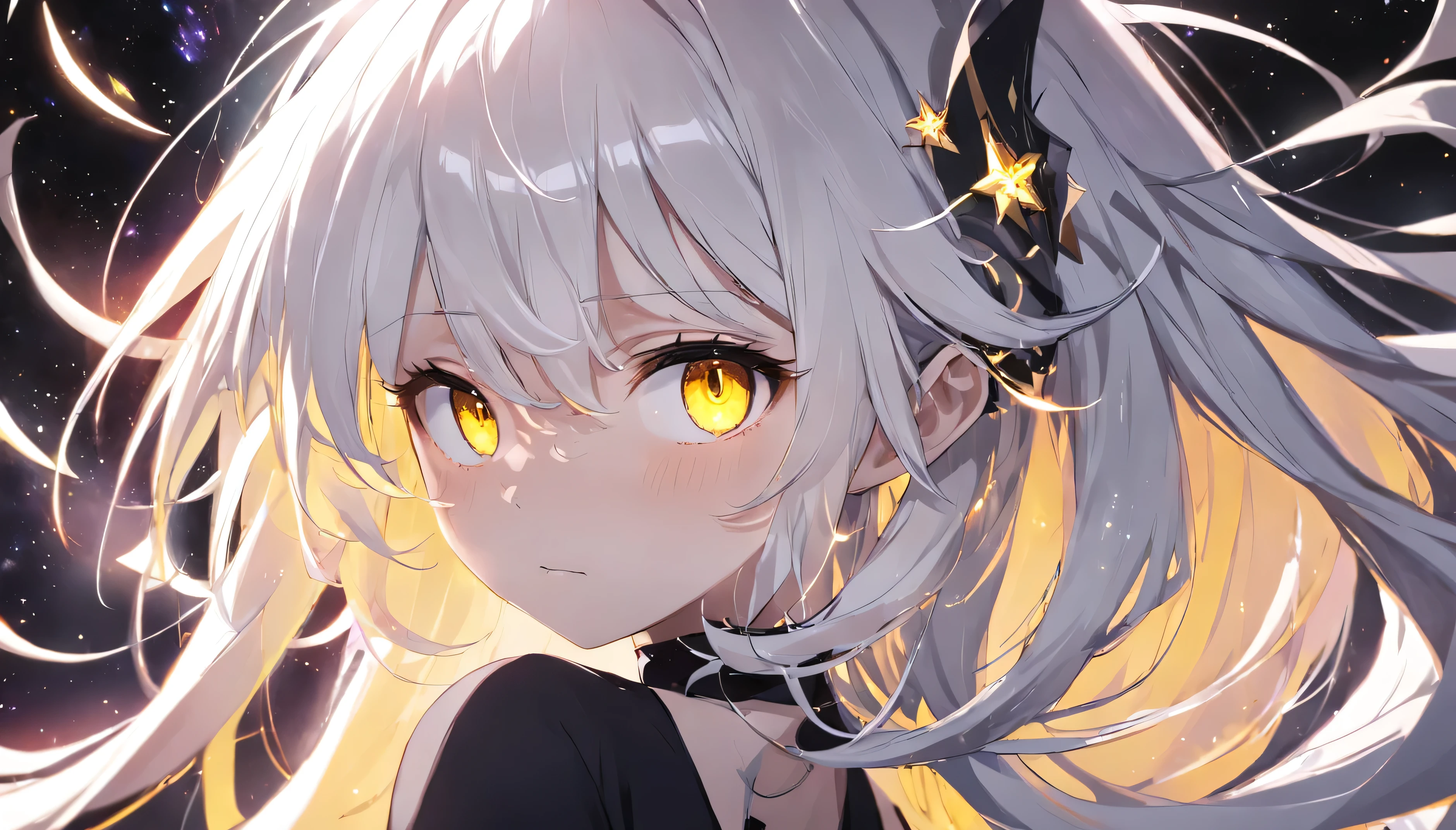 Absurd、High resolution、(Official Art、Beautiful and aesthetic:1.2)、(Close-up:1.15)、(One Girl、Gray Hair、Middle hair、Yellow Eyes、Shining Eyes、Black long dress)、Sparkling Galaxy、、Light effects、