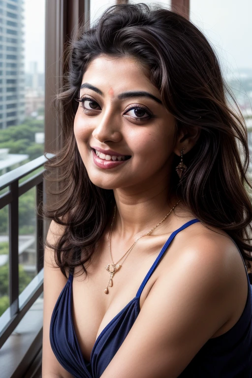 day scene, extreme close up photo of semi naked Pranitha Subhash , big cheeks, swooping breasts, kneeling in a balcony, armpits, (blue eyes:1), necklace, 35 yo, look at viewer and smile, (cinematic:1.3), intricate details, (ArtStation:1.2)