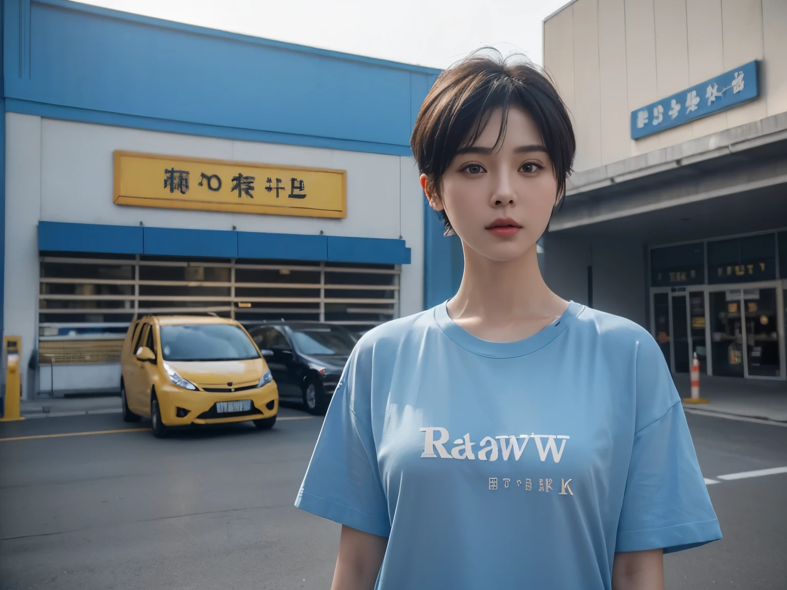 (masterpiece:1.3), (8K, Photo realism, RAW photos, Best image quality: 1.4),Realistic,A female courier,Blue collar T-shirt(blue),short hair,Chinese Girl,Standing outside the supermarket,High-definition quality,Facing the camera,The background is a super MARKET(There is a sign above the character's head)
