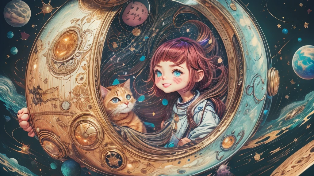 Cartoon illustration of a boy and a girl in space with cat, official fan art, in space, kitten in outer space, in outer space, in deep space, in galaxies, deep space exploration!!!, space travel, wearing in stars and planets, outer space, outer space, starry sky in space, in space, official art, space, on a spaceship, colorful, cute, more detailed, light, more realistic, cartoon