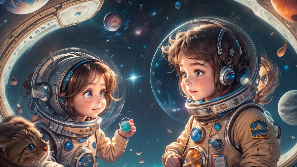 Cartoon illustration of a boy and a girl in space with cat, official fan art, in space, kitten in outer space, in outer space, in deep space, in galaxies, deep space exploration!!!, space travel, wearing in stars and planets, outer space, outer space, starry sky in space, in space, official art, space, on a spaceship, colorful, cute, more detailed, light, more realistic, cartoon