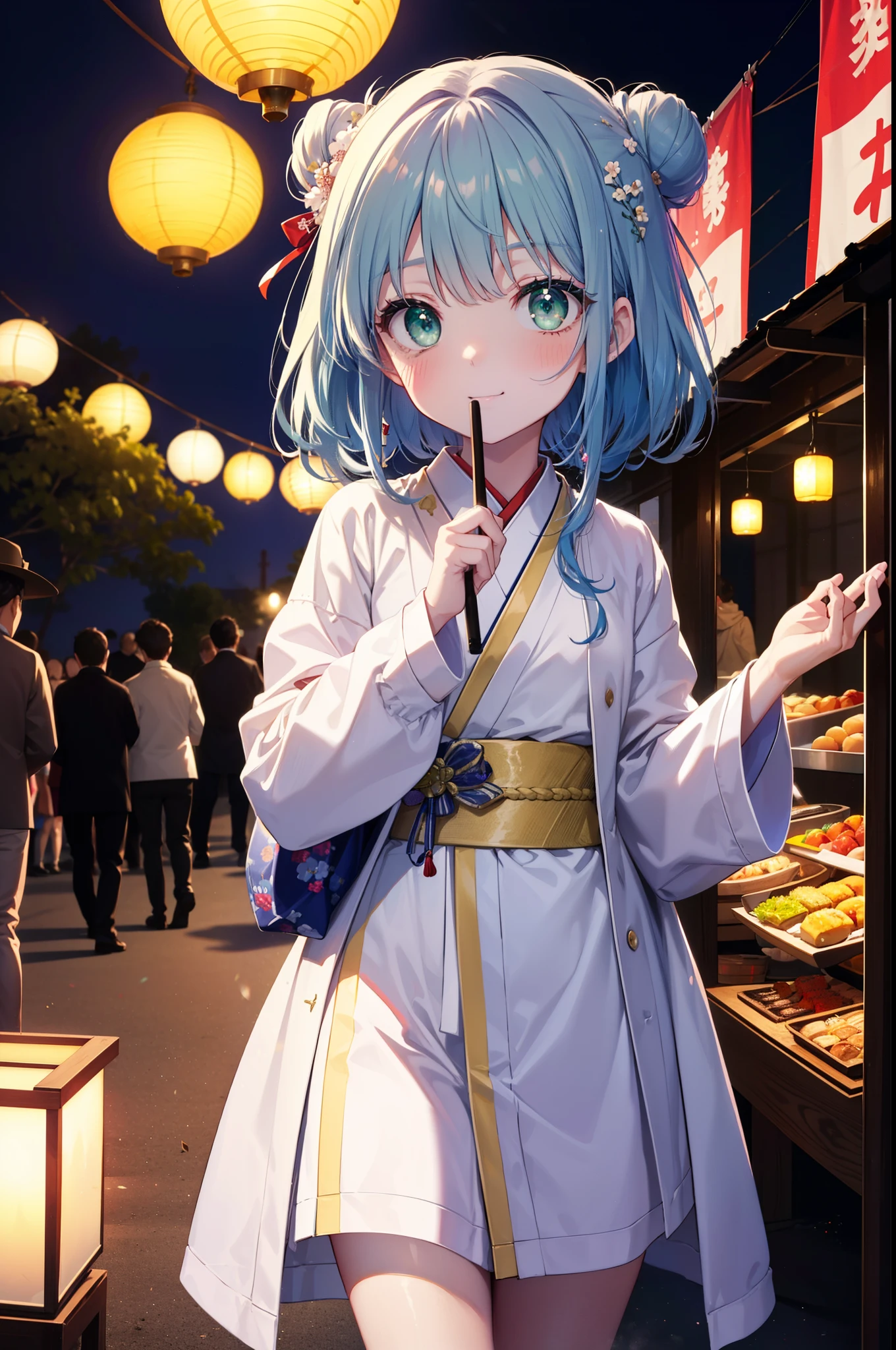 index, index, (Green Eyes:1.5), Blue Hair, Long Hair, (Flat Chest:1.2),smile,blush,Happy atmosphere,Open your mouth,Long Hair,Hair Bun, double Hair Bun,White bathrobe,Long sleeve,mini skirt,Sandals,night空の花火,Fireworks display,Japanese Festivals,Summer festival food stalls,Red Lantern, night,whole bodyがイラストに入るように,Looking down from above,He is holding cotton candy in his right hand,
break outdoors, shrine, break looking at viewer,whole body,(Cowboy Shot:1. 5)
break (masterpiece:1.2), highest quality, High resolution, unity 8k wallpaper, (shape:0.8), (Beautiful and beautiful eyes:1.6), Highly detailed face, Perfect lighting, Extremely detailed CG, (Perfect hands, Perfect Anatomy),
