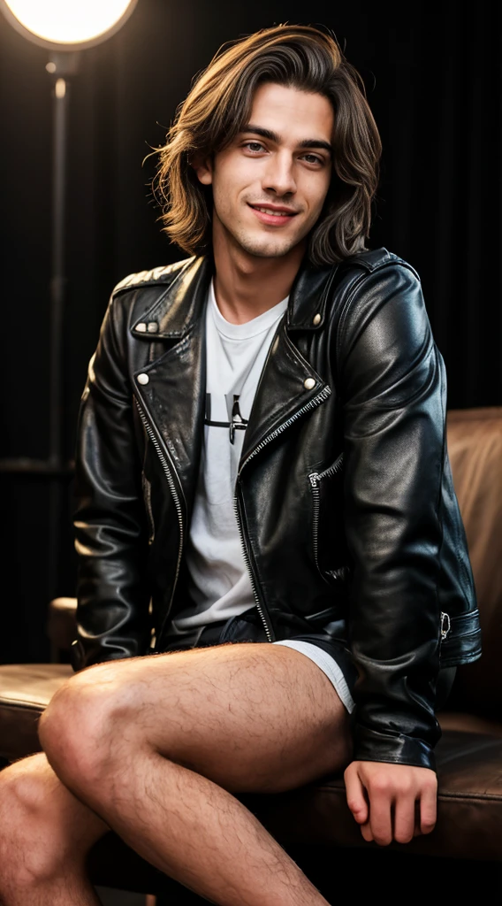 top quality, best quality, High-quality illustrations, masterpiece, super high resolution, beautiful male, young guy, 25 years old, athletic, piercing blue eyes, tousledshort brown hair, charming smile, wears leather Jacket, has a black and white sun tattoo on his left forearm, theater lighting: 0.7, high res, depth of field, detailed background, bright stylish clothes