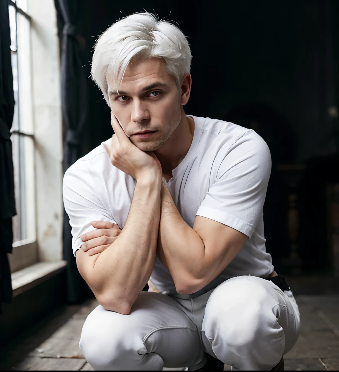 1 person,squatting,Hands on knees, in the vampire palace,close-up camera,Focus on the face,handsome,short hair, straight hair, white hair,black shirt, black pants, black coat, conjunctivitis, vampire