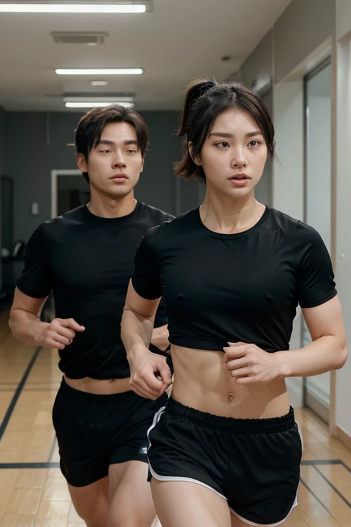 Create one Korean man and one woman.. The man is wearing black short-sleeved shorts. The man has short hair and big eyes.. Men have a lot of fine muscles. The woman has ponytail hair and a thin body.. The woman has a double pair and her skin is white.. Two people are running side by side. The background is an indoor gym..