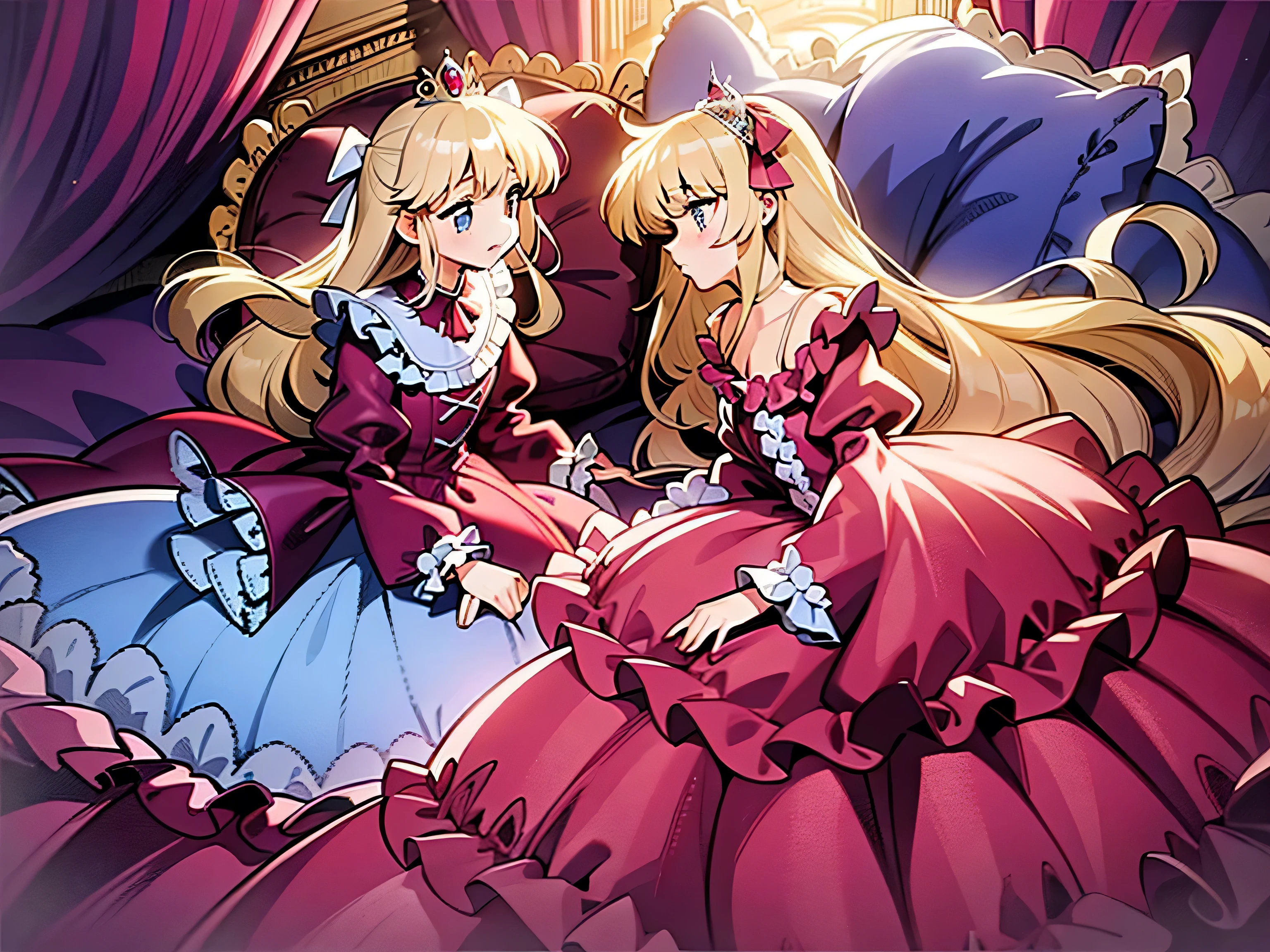 ,highest quality, masterpiece, highest resolution, artwork,1990s style anime illustration,((10 year old s)),Super detailed baby face,both are princesses,detailed luxury tiara,Full length ball gown dress with hoop skirt,ruffle yoke collar,Detailed braided ribbon at chest,puff sleeves,long sleeve,((lolita stylt pink princess satin dress、Comes with lots of frills and ribbons。)),shiny silk satin dress,soft and smooth silk satin fabric,luxury,Very long blonde hair,blue eyes,white skin european,pajamas,((inside the palace)),Princess dancing happily,gorgeous flowing dress,fine white frills and lace,Super long hair that is as tall as your body,white long socks,drawers with lots of frills,castle bedroom at night,Super long flowing hair,on the bed,Luxurious canopy on the bed,Huge, spacious bed,Pink pillow with lots of frills,Silk satin pink curtains with luxurious ruffles and ribbons surround the bed,princess sitting on bed,Pillows piled up behind the princess,A princess leaning on a pile of pillows,Long hair scattered like a fan on the bed,(((Both legs are completely hidden inside the dress))),