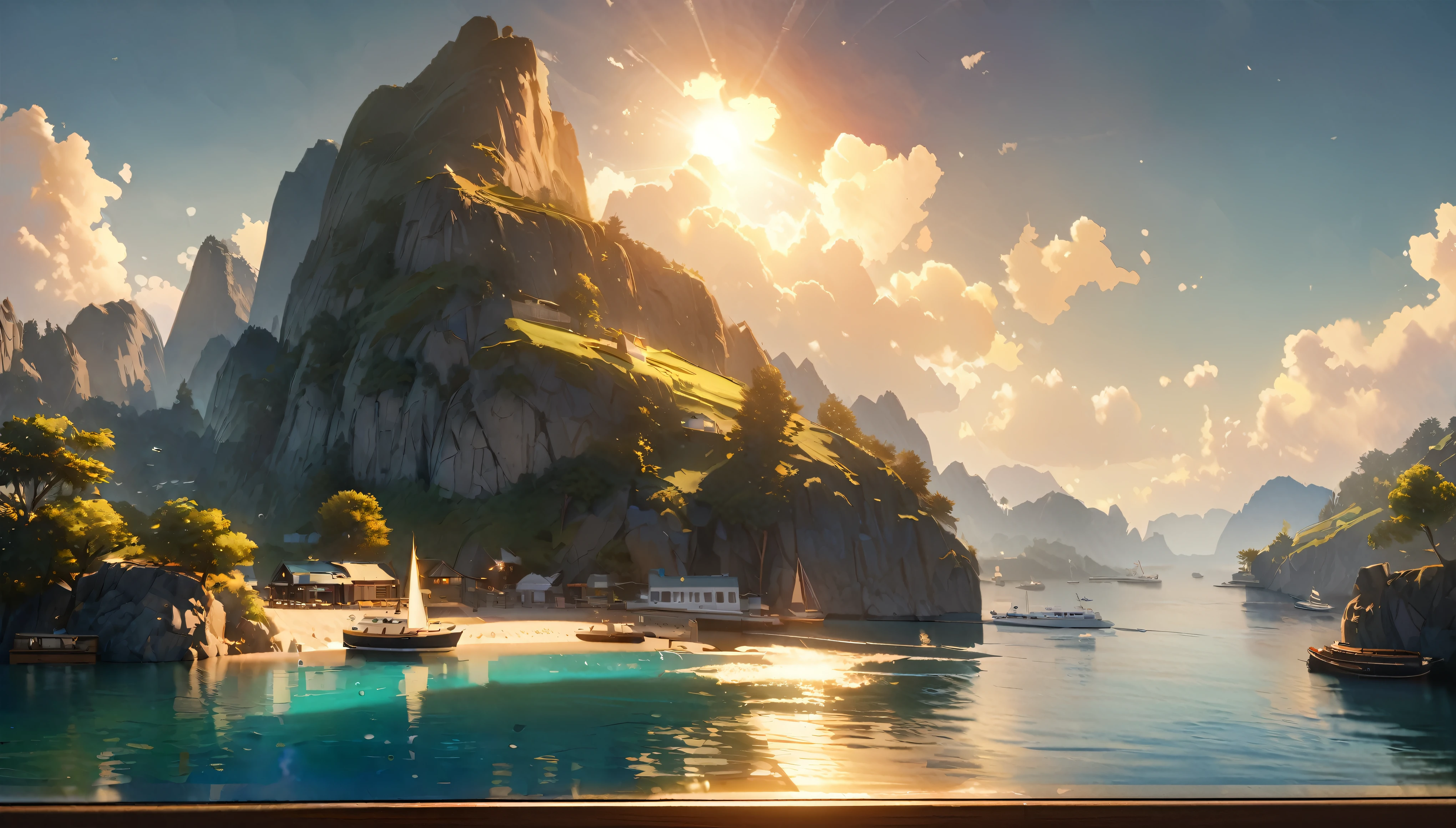 A tranquil coastline with yachts and boats floating on the sparkling sea, Sunny sky with fluffy white clouds, Green trees along the coast々, Pleasant sea breeze. figure, highest quality, 4K, 8k, High resolution, masterpiece:1.2, Super detailed, Realistic:1.37, High resolution, 超High resolution, Studio Lighting, Ultra-fine painting, Sharp focus, Physically Based Rendering, Very detailed explanation, Professional, Vibrant colors, Bokeh, Portraiture, landscape, photograph. Blue dominates the color palette, Natural light adds color to the scene.