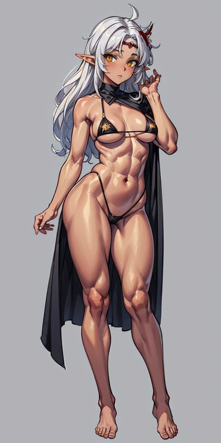 (Masterpiece, plain background:1.2) Female full body, standing straight symmetrical feet together, blood dark elf, dark skin, long messy white hair, short elf ears, circlet, yellow eyes, 1990s (style), female 1sologirl slingshot micro bikini, barefoot