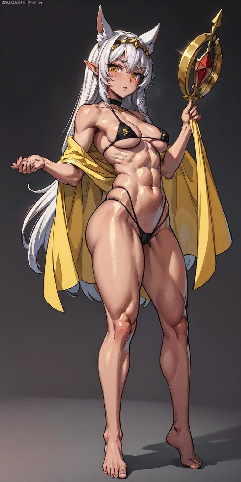 (Masterpiece, plain background:1.2) Female full body, standing straight symmetrical feet together, blood dark elf, dark skin, long messy white hair, short elf ears, circlet, yellow eyes, 1990s (style), female 1sologirl slingshot micro bikini, barefoot