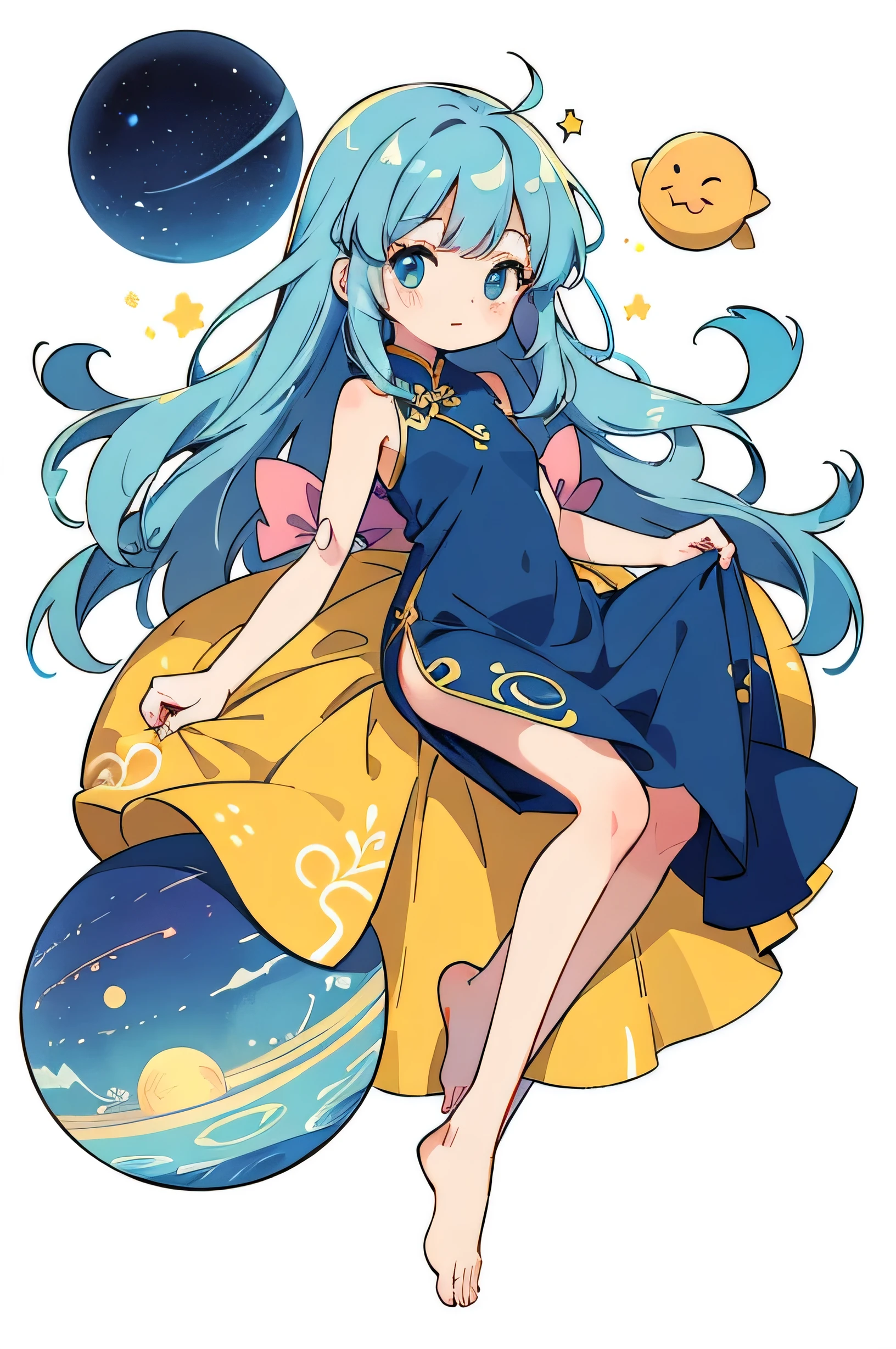 Create an anime-style image of a cute yet mature 14-year-old girl in a chibi (deformed) style with a gravity and planetary theme, against a plain white background. She has a calm and serene expression, with long, flowing light blue hair that gently floats as if in zero gravity. Depict her lying down horizontally, with her body slightly arched, as if she's gracefully floating in space. Ensure that her entire body is visible, from head to toe. Her hands are tucked into her sides, adding to the relaxed and carefree atmosphere. She wears a traditional Chinese dress, specifically a cheongsam (qipao), in a vibrant yellow color, with cosmic-themed patterns and colors. The dress is sleeveless, emphasizing her arms and shoulders. Accessories such as small planets or stars are attached to her hair and outfit. Focus on the character's details, and emphasize an adorable yet mature appearance, without any surrounding objects.