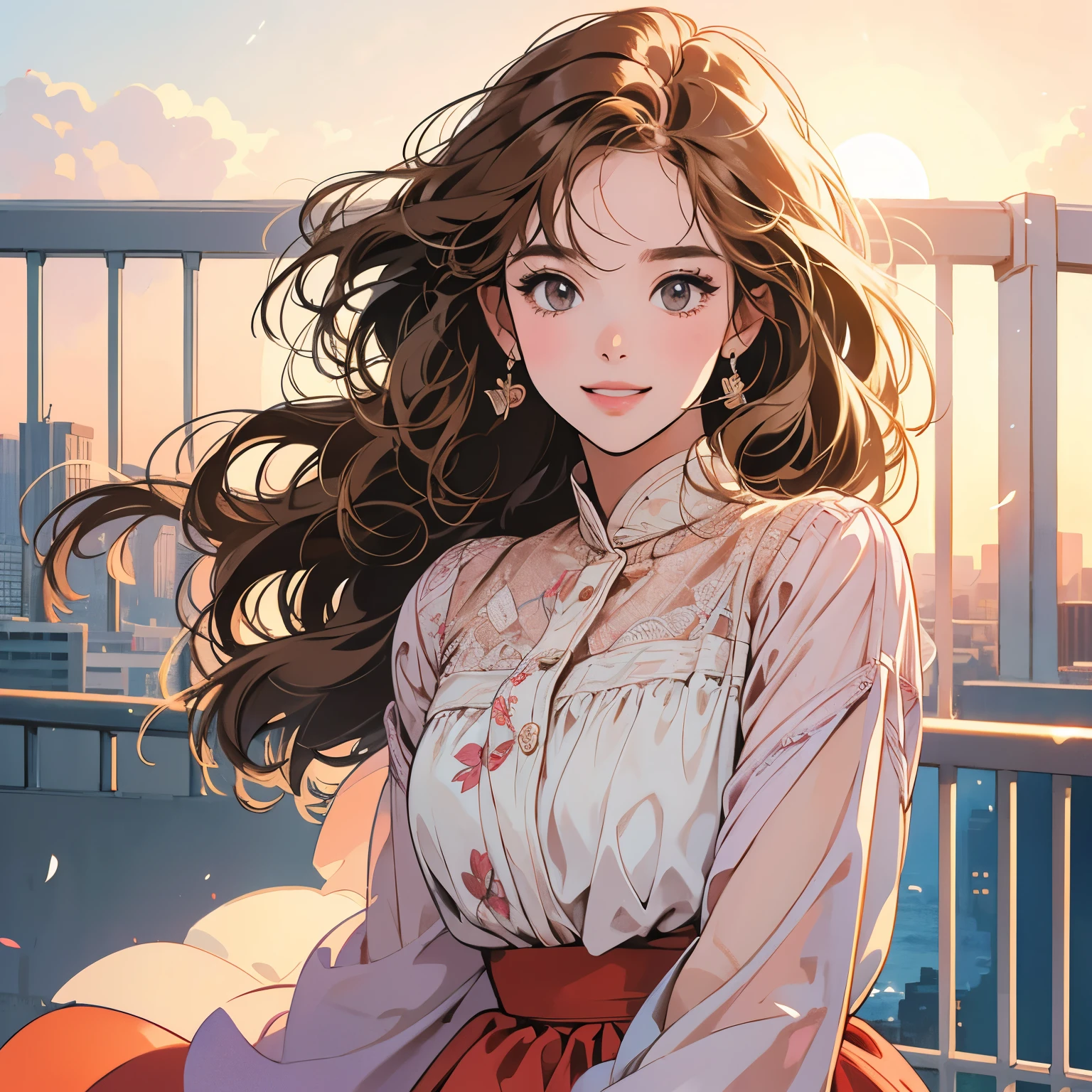 whole body、Kind Face、1 pretty woman、White blouse、Pedestrian bridge、skyscraper、Sunset、Complex background、Detailed Hair、Light brown hair、Faint lighting、The wind is blowing、smile、Hands on chest