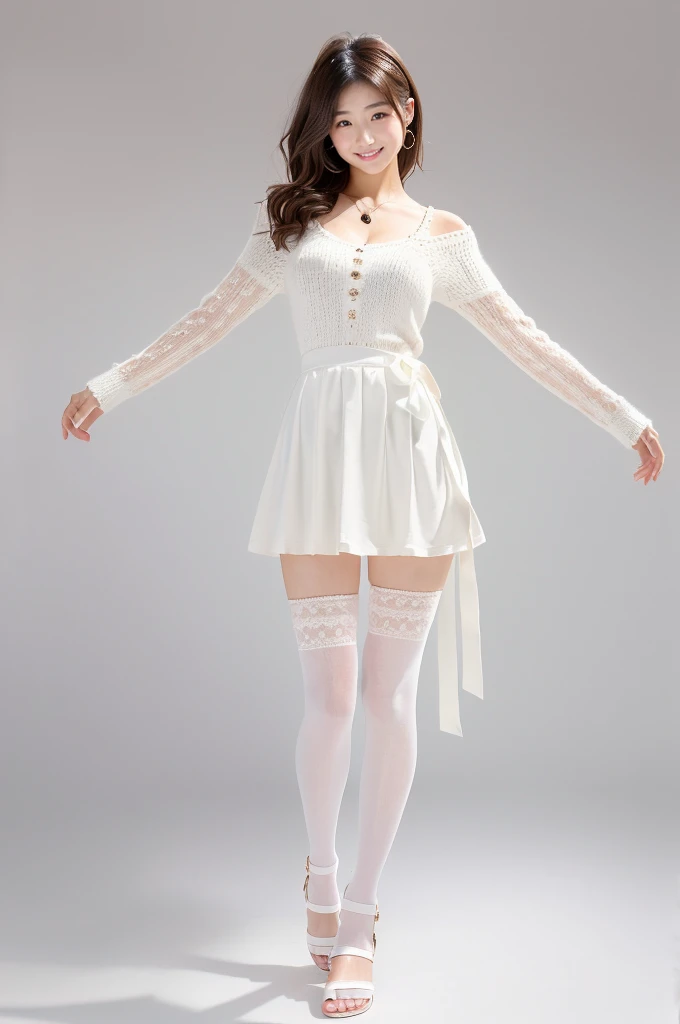 (White knitted tights on thighs and shins)、(White sandals)