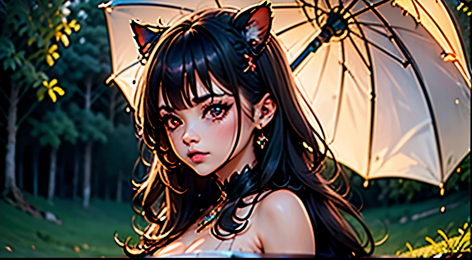 (junkotvv, cabello negro, orejas de gato, ojos rojos)retrato de cuerpo completo de una hermosa foto realista, 1 chica, Mirando hacia adelante, Los muertos, pelo que fluye, ropa corta y moderna para protegerse de la lluvia con paraguas, grandes ojos abiertos coquetos hermosos, parado derecho, cinematic lighting, ambiente relajante clima lluvioso entorno, muy detallado, pintura digital, tendencia en artstation, pixiv, arte conceptual, Sharp focus, ILLUSTRATION, arte de ross tran y wlop, ojos brillantes, mejor calidad, good lighting, pechos grandes con escote, cara seductora, obra maestra, high resolution, Sharp focus,(ultra detallado, extremadamente detallado),(obra de arte fotorrealista:1.37),(extremadamente detallado CG unity 8k wallpaper),(((colores vibrantes, tema vibrante))),(Intrincado),(obra maestra),(mejor calidad), The girl is playing with a cute little dog under the umbrella.