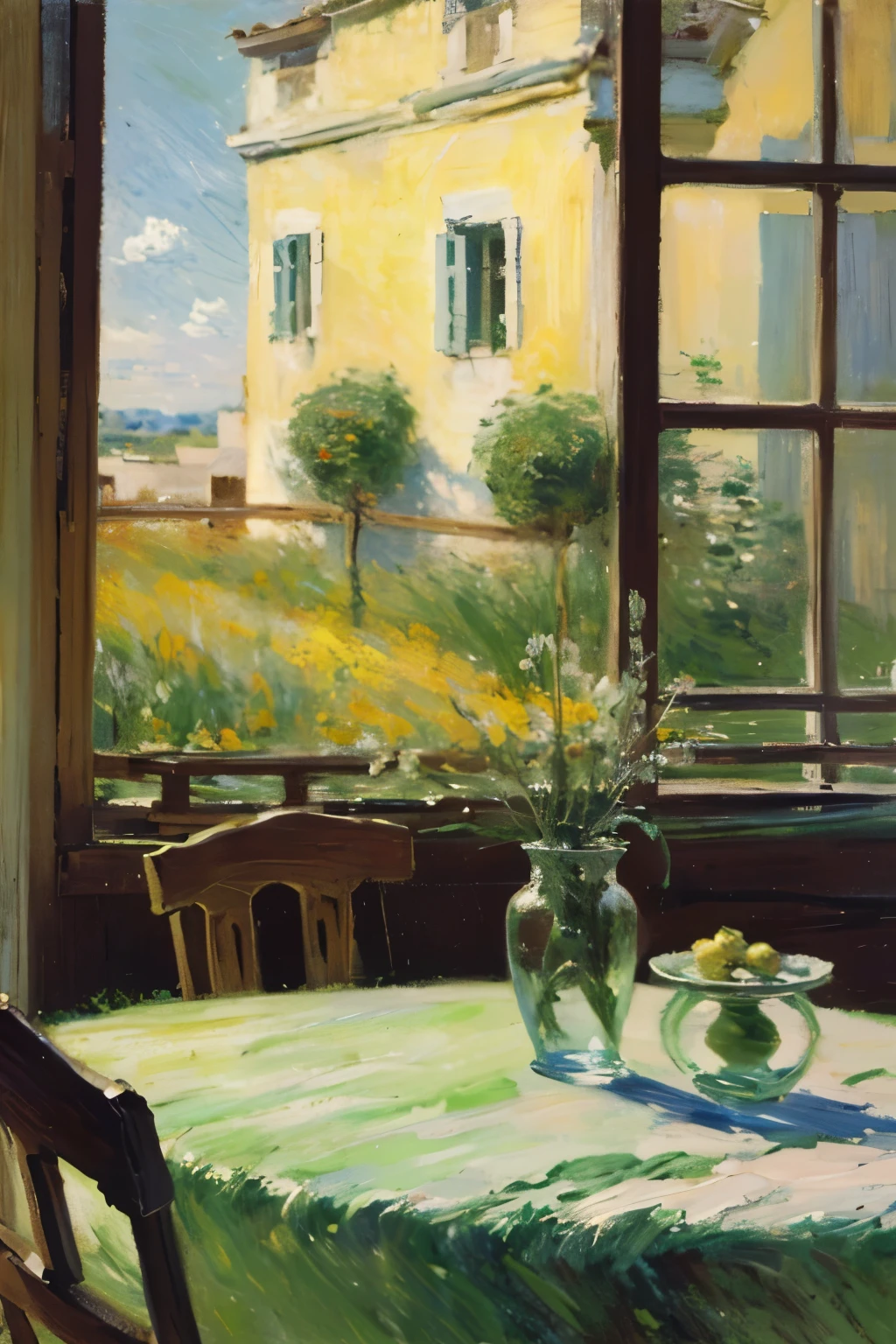 (masterpiece:1.2), (best quality:1.2), (Ultra-high resolution:1.2),
window, Wooden table, wooden chair, tablecloth, window, Fluttering curtains, outside the window is a golden rice field, Swallows flew by, There are several books on the table, Pen, vase, Comfortable atmosphere, Impressionism, (Claude Monet&#39;s style:1.2)