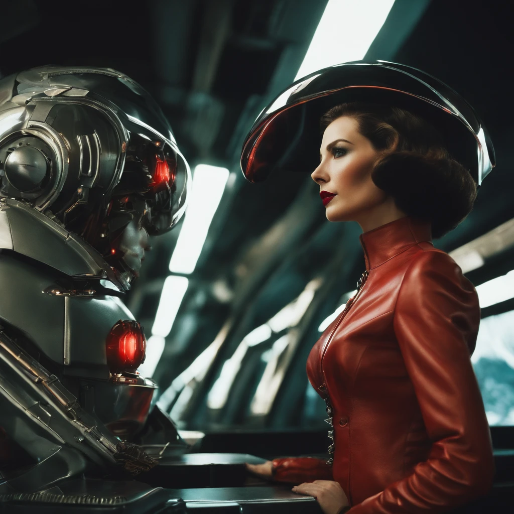 A man wearing a futuristic helmet、Close up of woman wearing red lipstick, Cyberpunk Jackie Wells, CG Society 9, style = Retro-futurism, Beautiful robot woman, Female robot portrait, Retro-futurism时尚, Movie《Blade Runner》Stills, Female robot in data center, Moebius Aesthetics, Alien robot movie stills, Depicted as a science fiction scene  