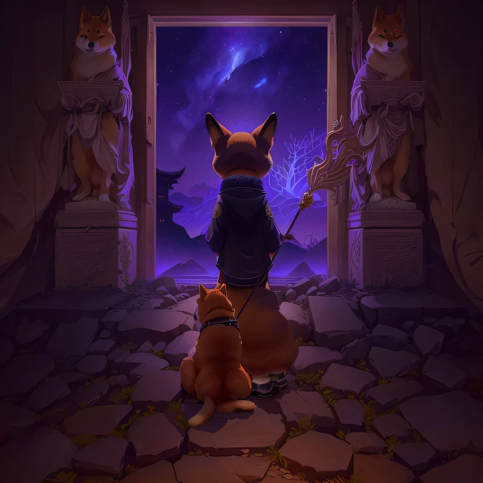 An Anthropomorphic Shiba Inu standing in a doorway，Shiba Inu holding a staff standing at the door，Anthropomorphic Shiba Inu，Turn your back on us，