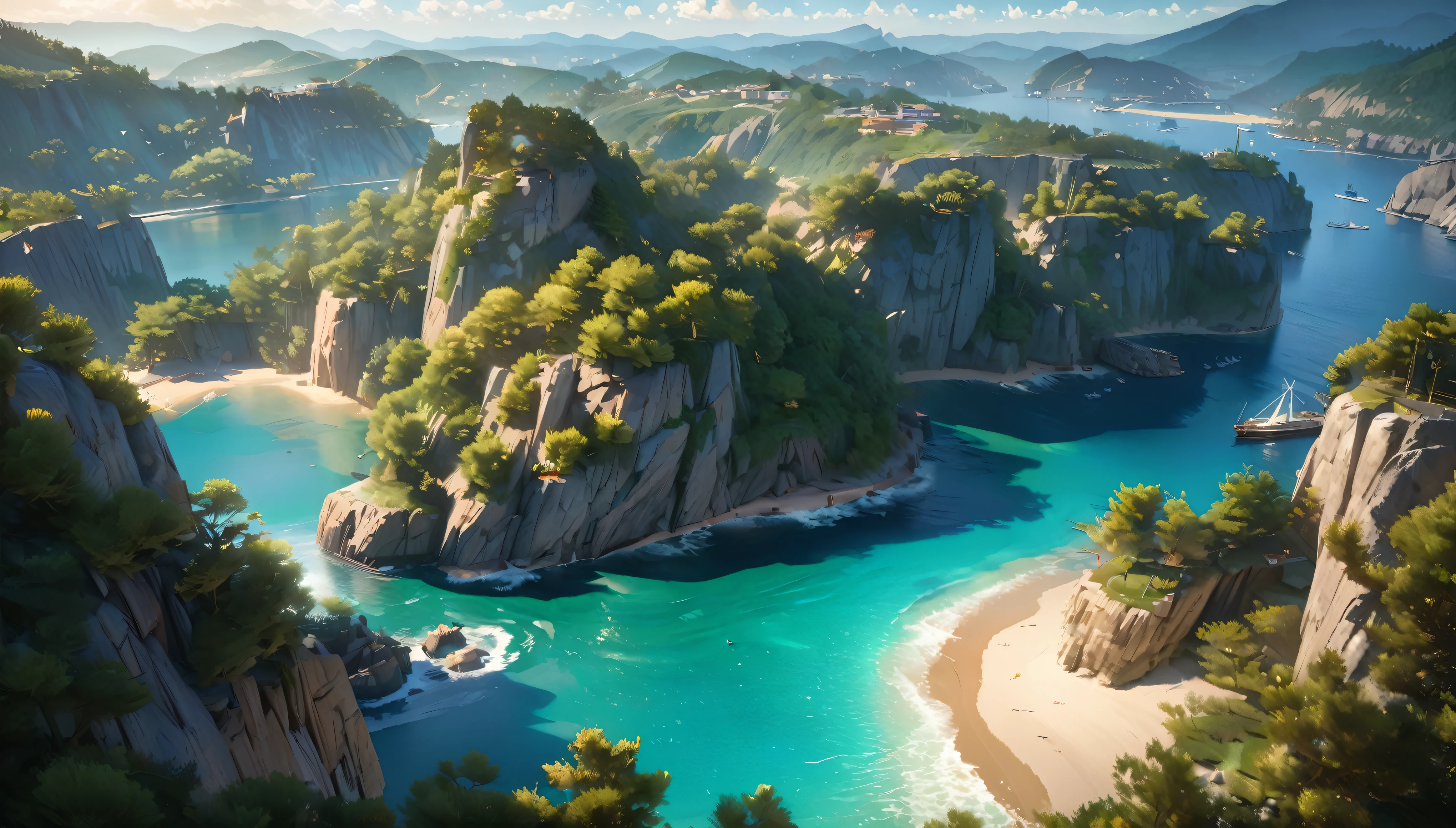 A tranquil coastline with yachts and boats floating on the sparkling sea, Sunny sky with fluffy white clouds, Green trees along the coast々, Pleasant sea breeze. figure, highest quality, 4K, 8k, High resolution, masterpiece:1.2, Super detailed, Realistic:1.37, High resolution, 超High resolution, Studio Lighting, Ultra-fine painting, Sharp focus, Physically Based Rendering, Very detailed explanation, Professional, Vibrant colors, Bokeh, Portraiture, landscape, photograph. Blue dominates the color palette, Natural light adds color to the scene.