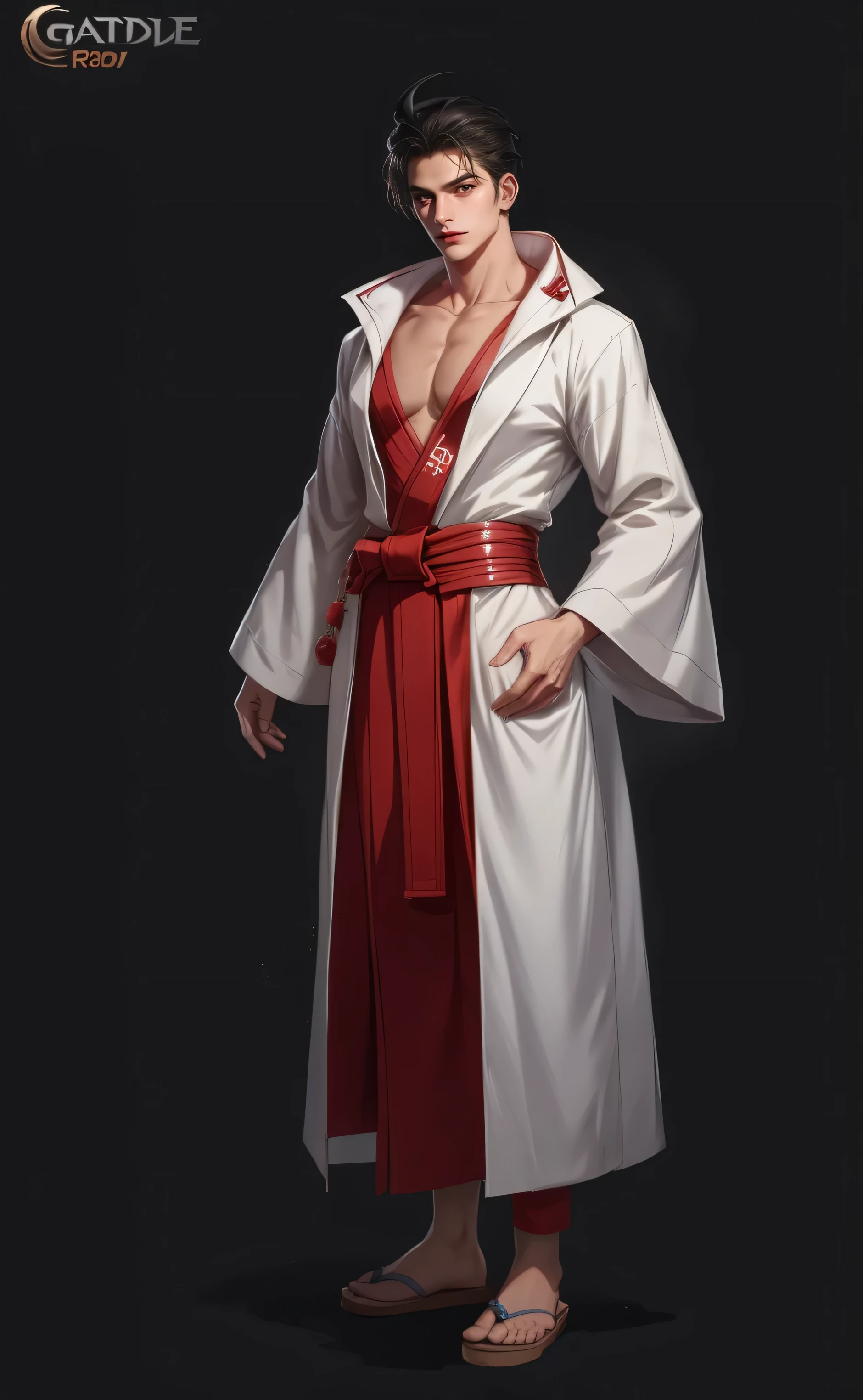 A male wearing a bathrobe, character design, game art, game character, stylized mobile game.
