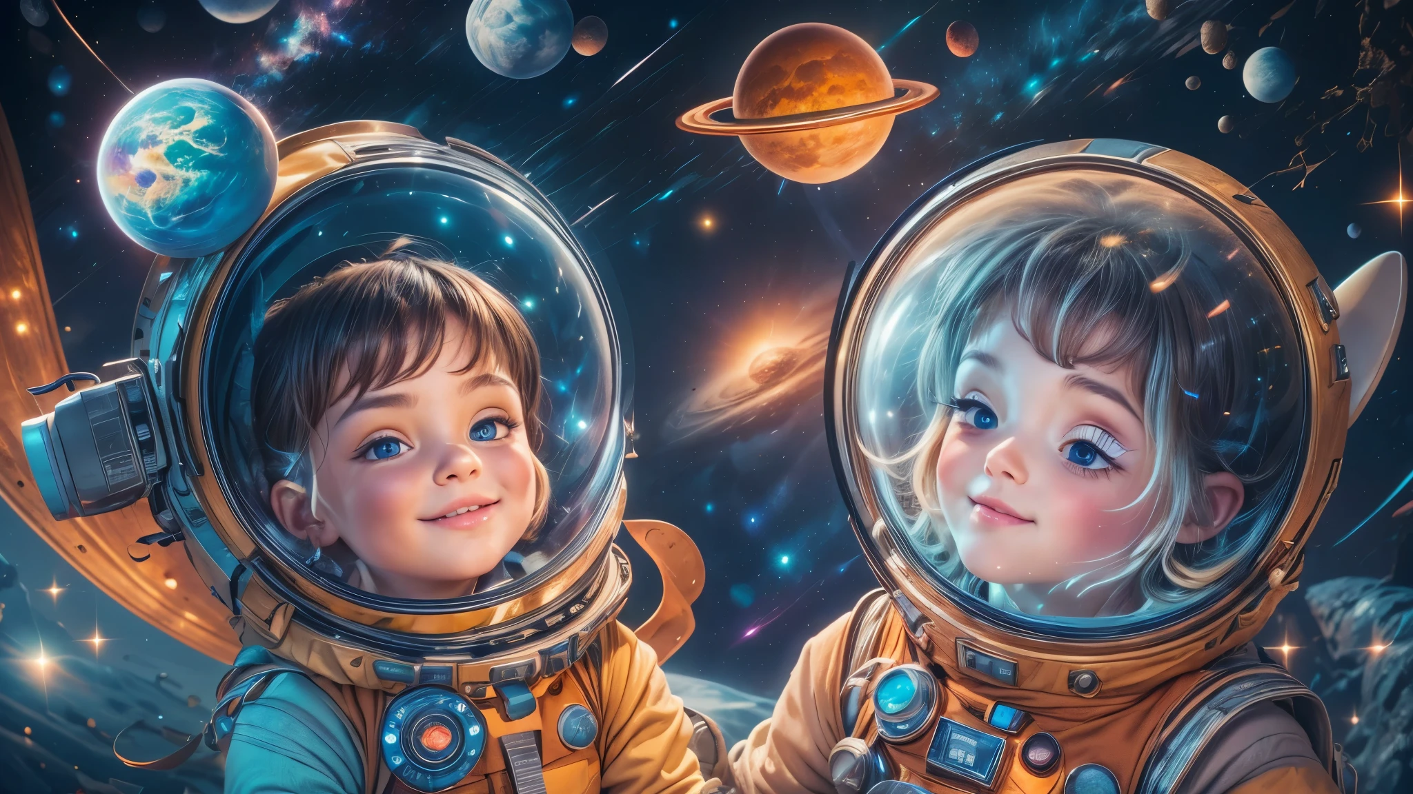 Cartoon illustration of a boy and a girl in space with cat, official fan art, in space, kitten in outer space, in outer space, in deep space, in galaxies, deep space exploration!!!, space travel, wearing in stars and planets, outer space, outer space, starry sky in space, in space, official art, space, on a spaceship, colorful, cute, more detailed, light, more realistic, cartoon
