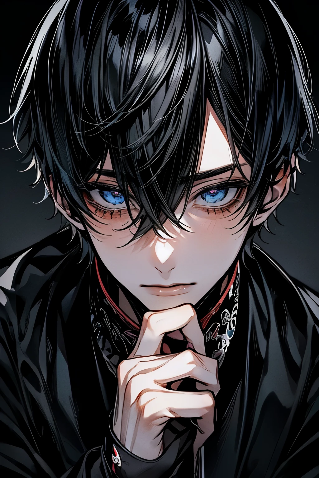(Mastepiece), (Bestクォリティ), Very detailed, ((One Man:1.5)), Perfect Face, Beautiful Face, Very detailedな顔,(Black-haired man:1.3),shirt、Best、(Biting the black glove:1.4)