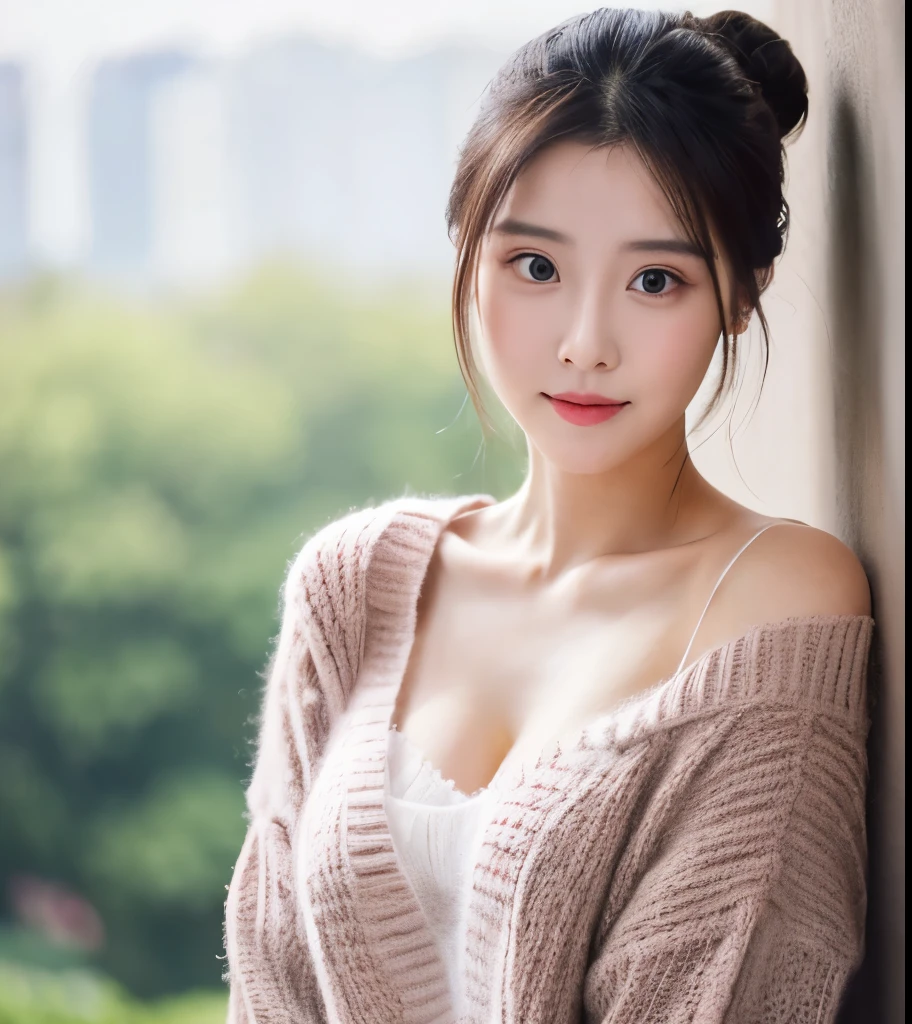 25 years Old woman, sweater, cleavage, beauty face, thin, Updo hair style, medium breast