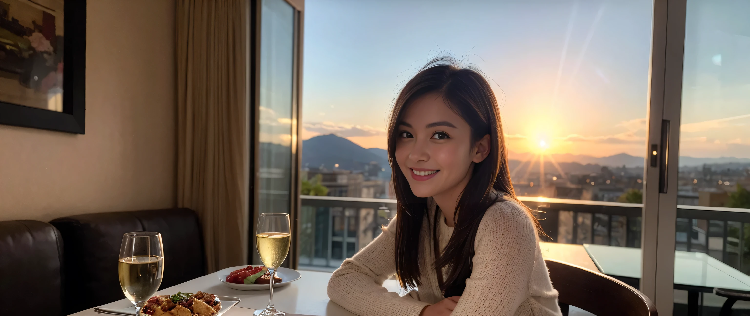 ((highest quality、8k、masterpiece:1.3))、1 male、1 female、Couple、Spouse、Couple、The body is slim、((Bob Hale、Straight hair:1.2)), (Realistic, Intricate details:1.2), Wine glass on the table、Put the light on your face、 Amazing view of the sunset sky and clouds、Amazing mountain views、A bright smile、The wonderfulness of smile、Bright image、The beauty of wine, Beautiful Face, blue eyes, The light shines on your face, Blushing, short hair,Bright Face、 (Age 37), 39 years old, red wine 、Appetizers、Italian food、Wine bottle、Champagne、sparkling wine、Two beauties、Brown Hair、Shortcuts、Long sleeve shirt、dress、Pretty Woman 1, (Slim face), (The body is slim), (Brown Hair), (Shortcuts), cheeks turn a little red,Attractive beauty、restaurant, In a prominent place (From the waist up) Nova Frog Style, actress, model, Upper Body, White wine, slim, wine glass, A wine glass placed in the center, smile, (smile: 1.15), Beautiful fine grain, Depth f/2,saturation, High Contrast, Strong light and shadow,Moist Body:1.5、3D texture、Delicate eyes、Brown Hair、The hair is very shiny、