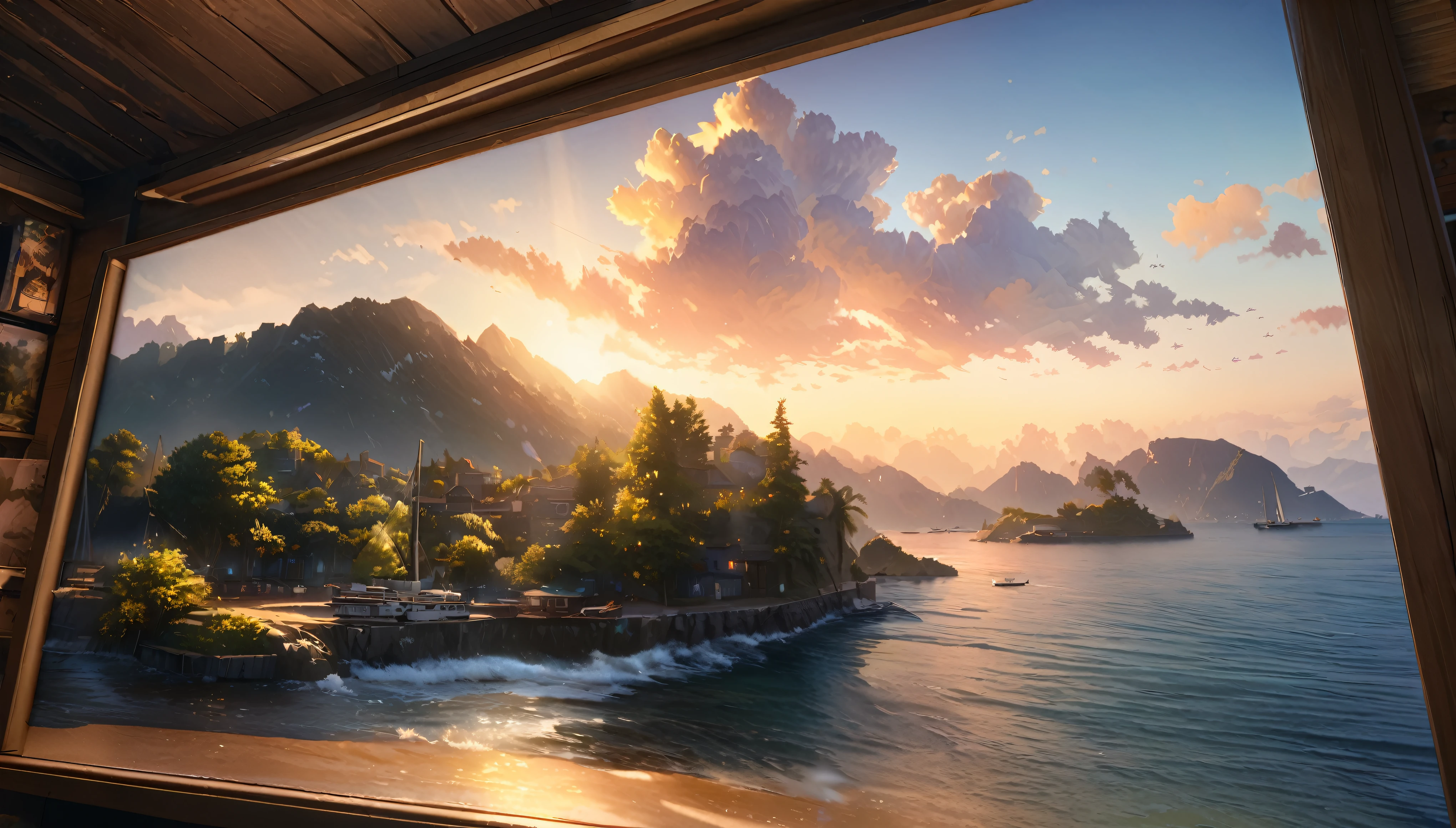 A tranquil coastline with yachts and boats floating on the sparkling sea, Sunny sky with fluffy white clouds, Green trees along the coast々, Pleasant sea breeze. figure, highest quality, 4K, 8k, High resolution, masterpiece:1.2, Super detailed, Realistic:1.37, High resolution, 超High resolution, Studio Lighting, Ultra-fine painting, Sharp focus, Physically Based Rendering, Very detailed explanation, Professional, Vibrant colors, Bokeh, Portraiture, landscape, photograph. Blue dominates the color palette, Natural light adds color to the scene.