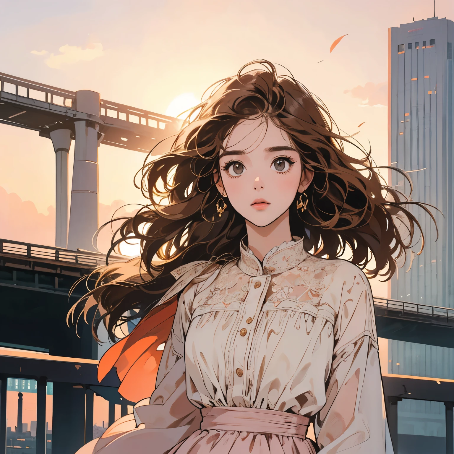 whole body、Kind Face、1 pretty woman、White blouse、Pedestrian bridge、skyscraper、Sunset、Complex background、Detailed Hair、Light brown hair、Faint lighting、The wind is blowing、Expressionless、Looking up from under the camera、Incitement