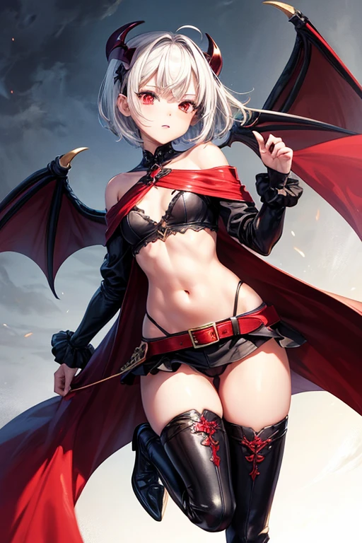 highest quality,Lively combat,Succubus,Anime Art,beautiful girl,Flat Chest,Alluring,White Short Hair,Red Eye,slender,whole body,Super tight off-shoulder, (Lewd Armor), (Ultra high leg）,Belly without clothes,Cape,Demon King,vampire,Black long boots,Red Belt,C,ruins,Dark fantasy,Armor only,Gothic Lolita