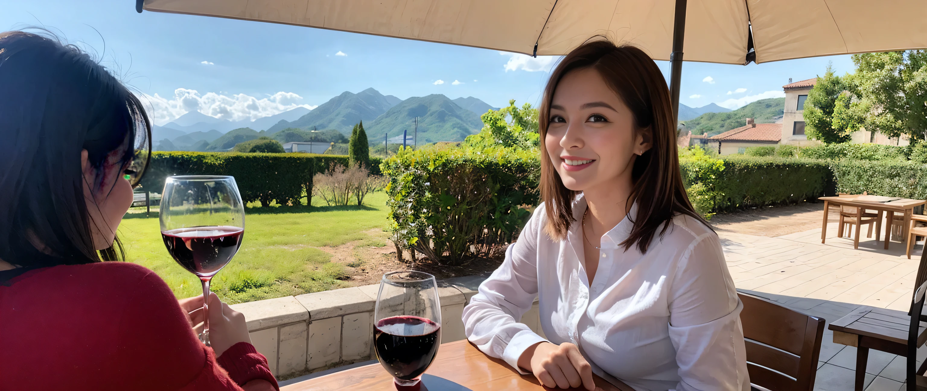 ((highest quality、8k、masterpiece:1.3))、1 male、1 female、Couple、Spouse、Couple、The body is slim、((Bob Hale、Straight hair:1.2)), (Realistic, Intricate details:1.2), Wine glass on the table、Put the light on your face、 Amazing view of the sunset sky and clouds、Amazing mountain views、A bright smile、The wonderfulness of smile、Bright image、The beauty of wine, Beautiful Face, blue eyes, The light shines on your face, Blushing, short hair,Bright Face、 (Age 37), 39 years old, red wine 、Appetizers、Italian food、Wine bottle、Champagne、sparkling wine、Two beauties、Brown Hair、Shortcuts、Long sleeve shirt、dress、Pretty Woman 1, (Slim face), (The body is slim), (Brown Hair), (Shortcuts), cheeks turn a little red,Attractive beauty、restaurant, In a prominent place (From the waist up) Nova Frog Style, actress, model, Upper Body, White wine, slim, wine glass, A wine glass placed in the center, smile, (smile: 1.15), Beautiful fine grain, Depth f/2,saturation, High Contrast, Strong light and shadow,Moist Body:1.5、3D texture、Delicate eyes、Brown Hair、The hair is very shiny、