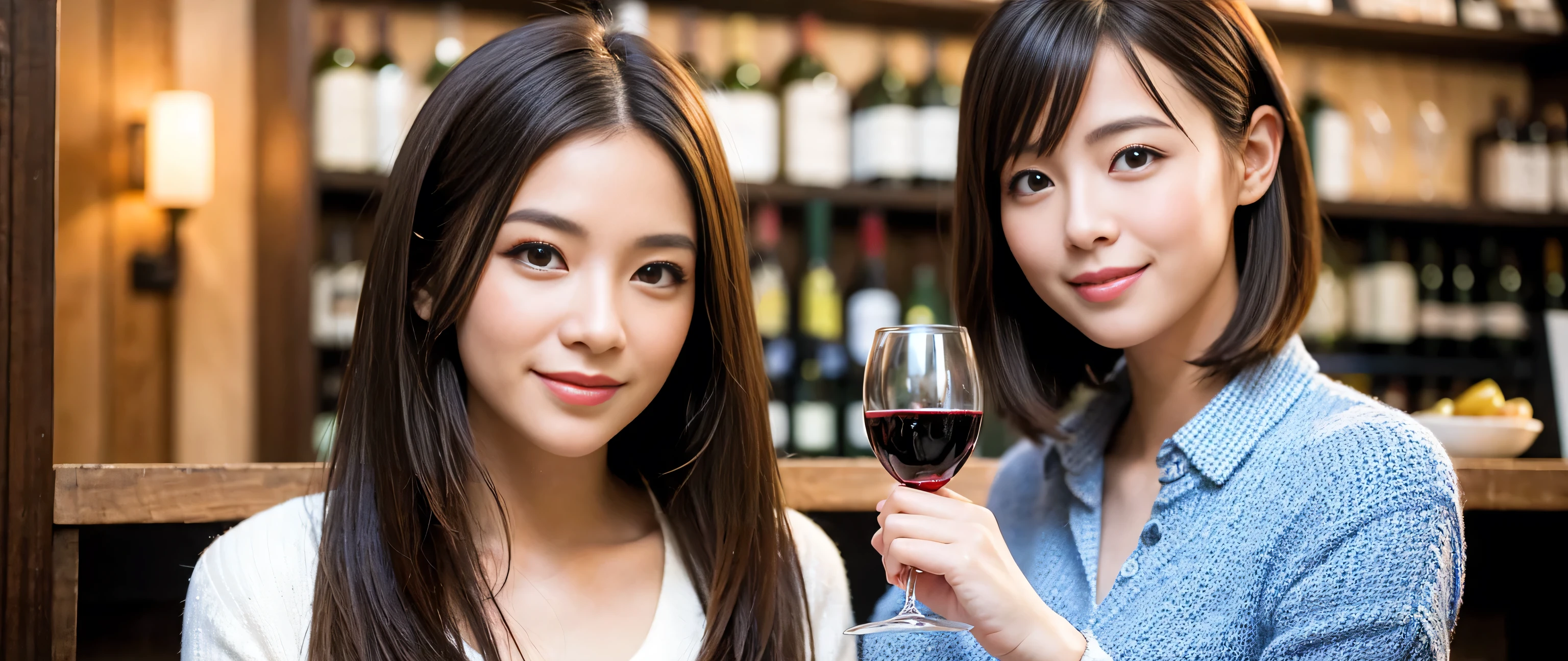 ((highest quality、8k、masterpiece:1.3))、1 male、1 female、Couple、Spouse、Couple、The body is slim、((Bob Hale、Straight hair:1.2)), (Realistic, Intricate details:1.2), Wine glass on the table、Put the light on your face、 Amazing view of the sunset sky and clouds、Amazing mountain views、A bright smile、The wonderfulness of smile、Bright image、The beauty of wine, Beautiful Face, blue eyes, The light shines on your face, Blushing, short hair,Bright Face、 (Age 37), 39 years old, red wine 、Appetizers、Italian food、Wine bottle、Champagne、sparkling wine、Two beauties、Brown Hair、Shortcuts、Long sleeve shirt、dress、Pretty Woman 1, (Slim face), (The body is slim), (Brown Hair), (Shortcuts), cheeks turn a little red,Attractive beauty、restaurant, In a prominent place (From the waist up) Nova Frog Style, actress, model, Upper Body, White wine, slim, wine glass, A wine glass placed in the center, smile, (smile: 1.15), Beautiful fine grain, Depth f/2,saturation, High Contrast, Strong light and shadow,Moist Body:1.5、3D texture、Delicate eyes、Brown Hair、The hair is very shiny、