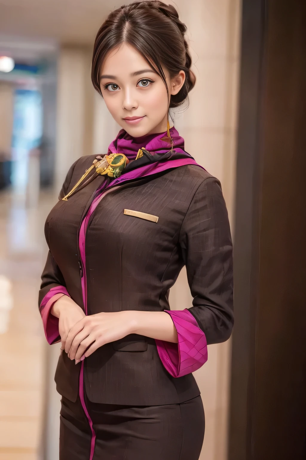 (masterpiece:1.2、highest quality:1.2)、32K HDR、High resolution、(alone、1 girl、Slim figure)、（A realistic reproduction of the ETIHAD Airways Cabincrew Uniform）、 (At the airport counter, Professional Lighting)、Airport counter wall background、A proper woman, Beautiful Face,、（Long sleeve ETIHAD Airways Cabincrew Uniform）、（ETIHAD Airways Cabincrew Uniform skirt with purple stripe on the front）、（scarf on chest）、Big Breasts、（Long Hair Up、Hair Bun）、Dark brown hair、Long Shot、（（Great hands：2.0））、（（Harmonious body proportions：1.5））、（（Normal limbs：2.0））、（（Normal finger：2.0））、（（Delicate eyes：2.0））、（（Normal eyes：2.0））)、Beautiful standing posture、smile、Place your hands around your stomach